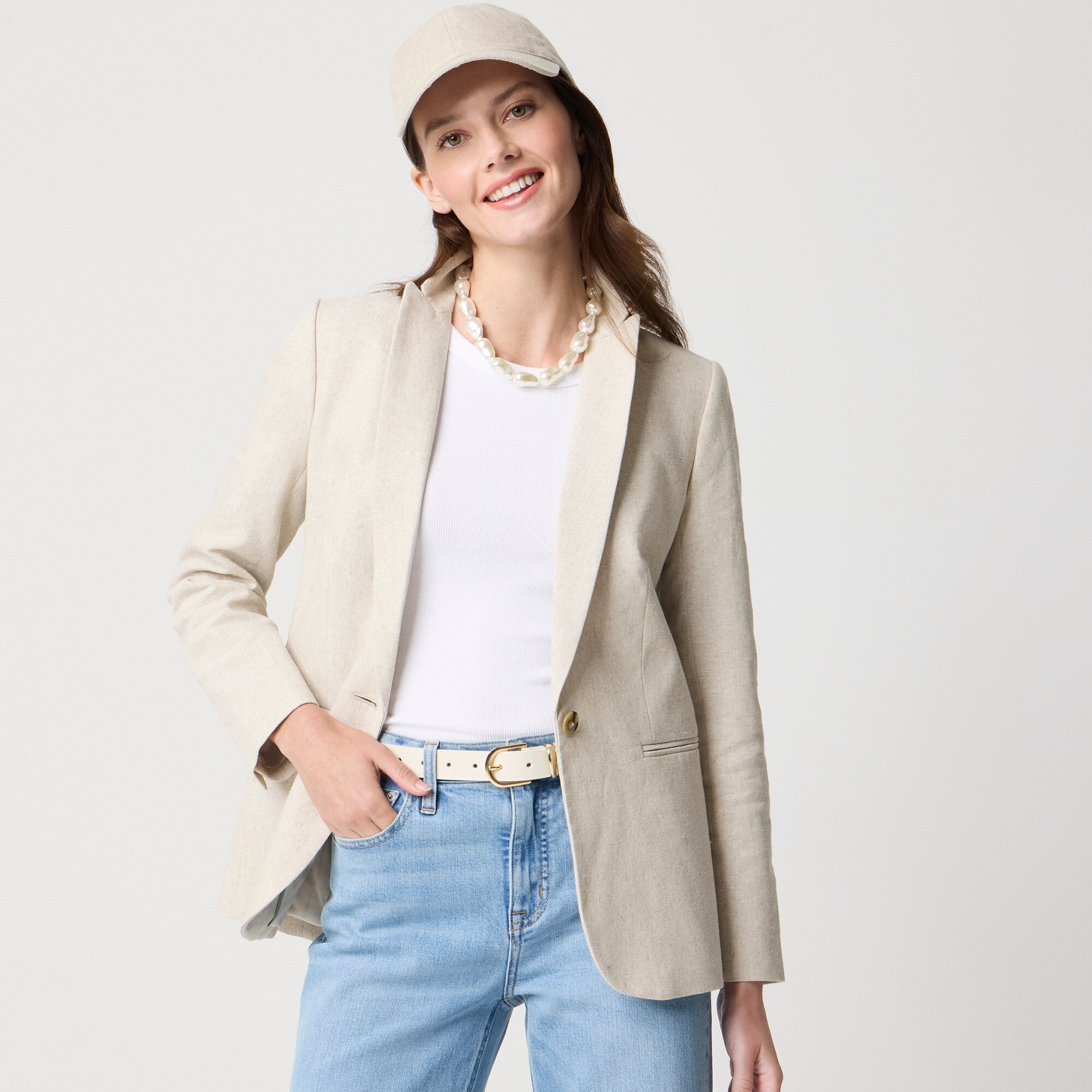 Petite linen-blend one-button blazer