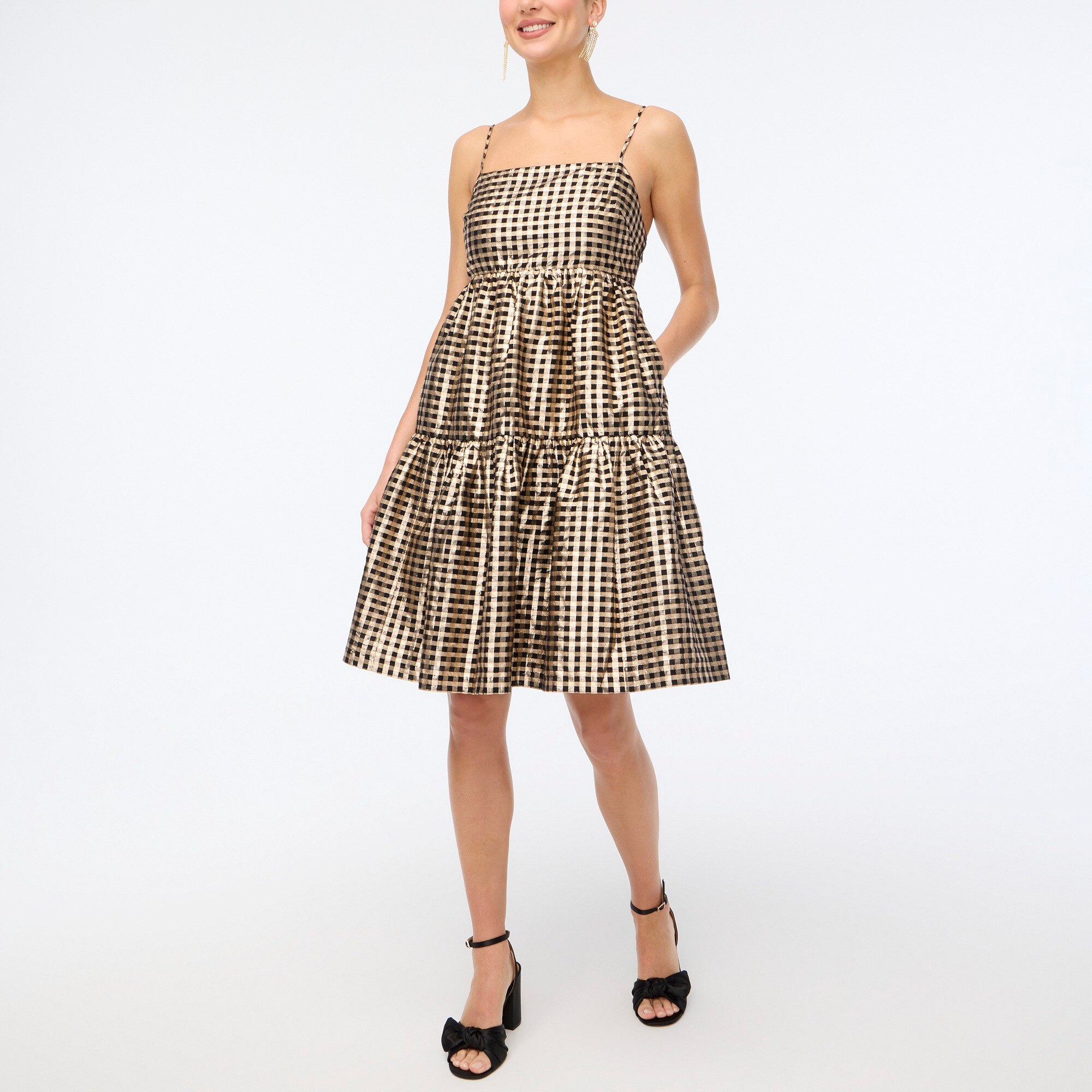 Lurex metallic threads gingham tiered mini dress 73$