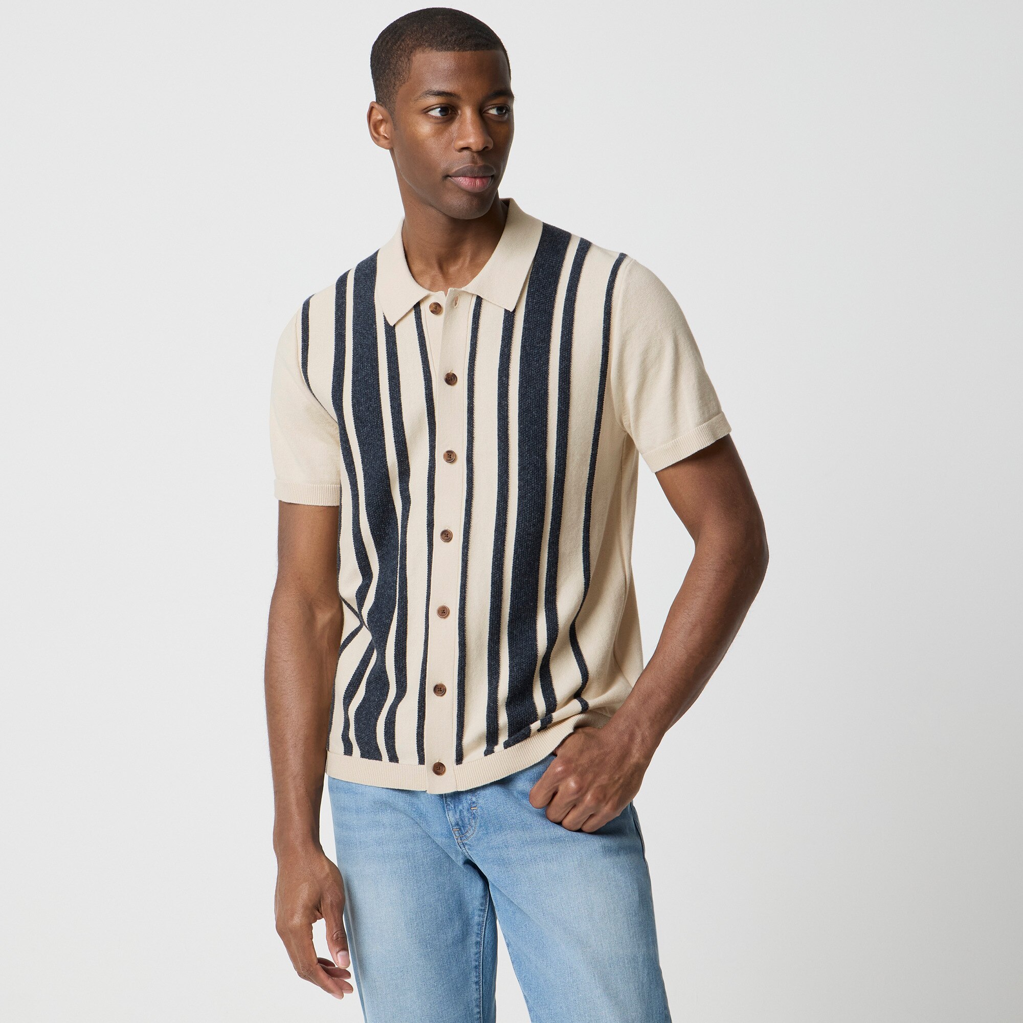 Striped button-front sweater-polo