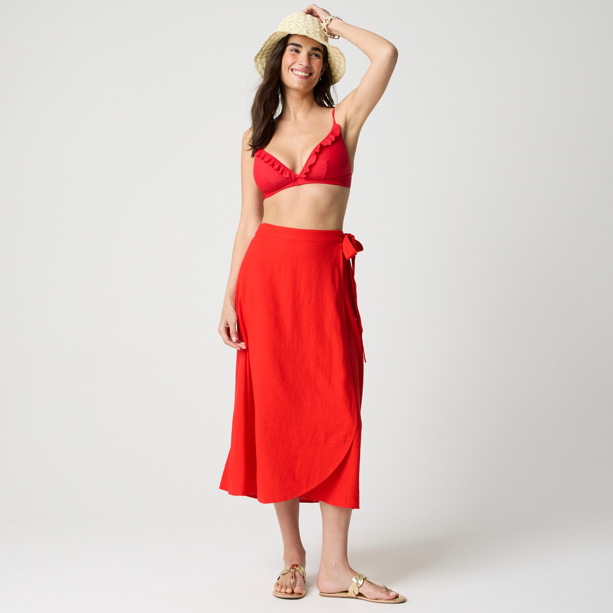 Linen-blend faux-wrap skirt