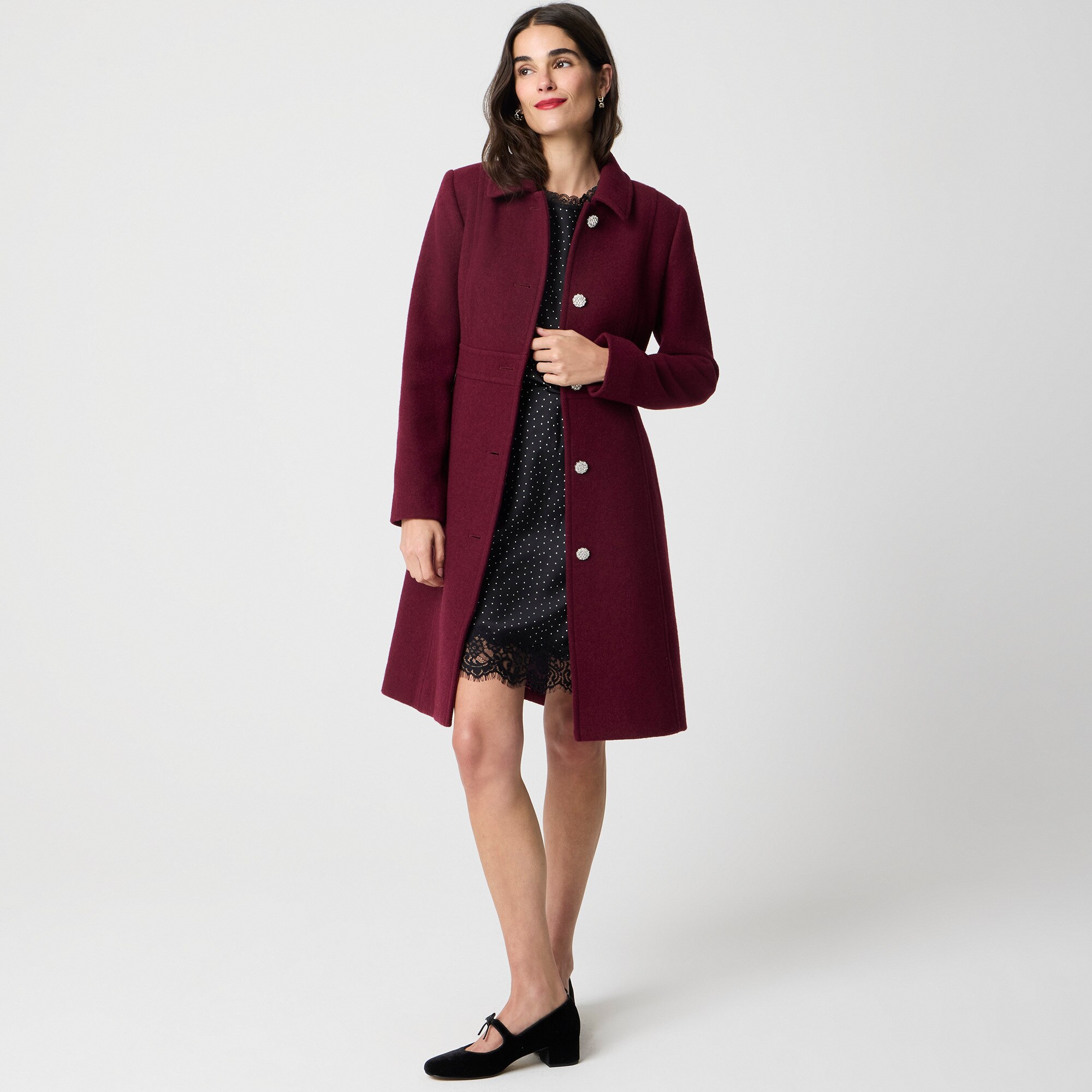 Lady day coat with jeweled buttons