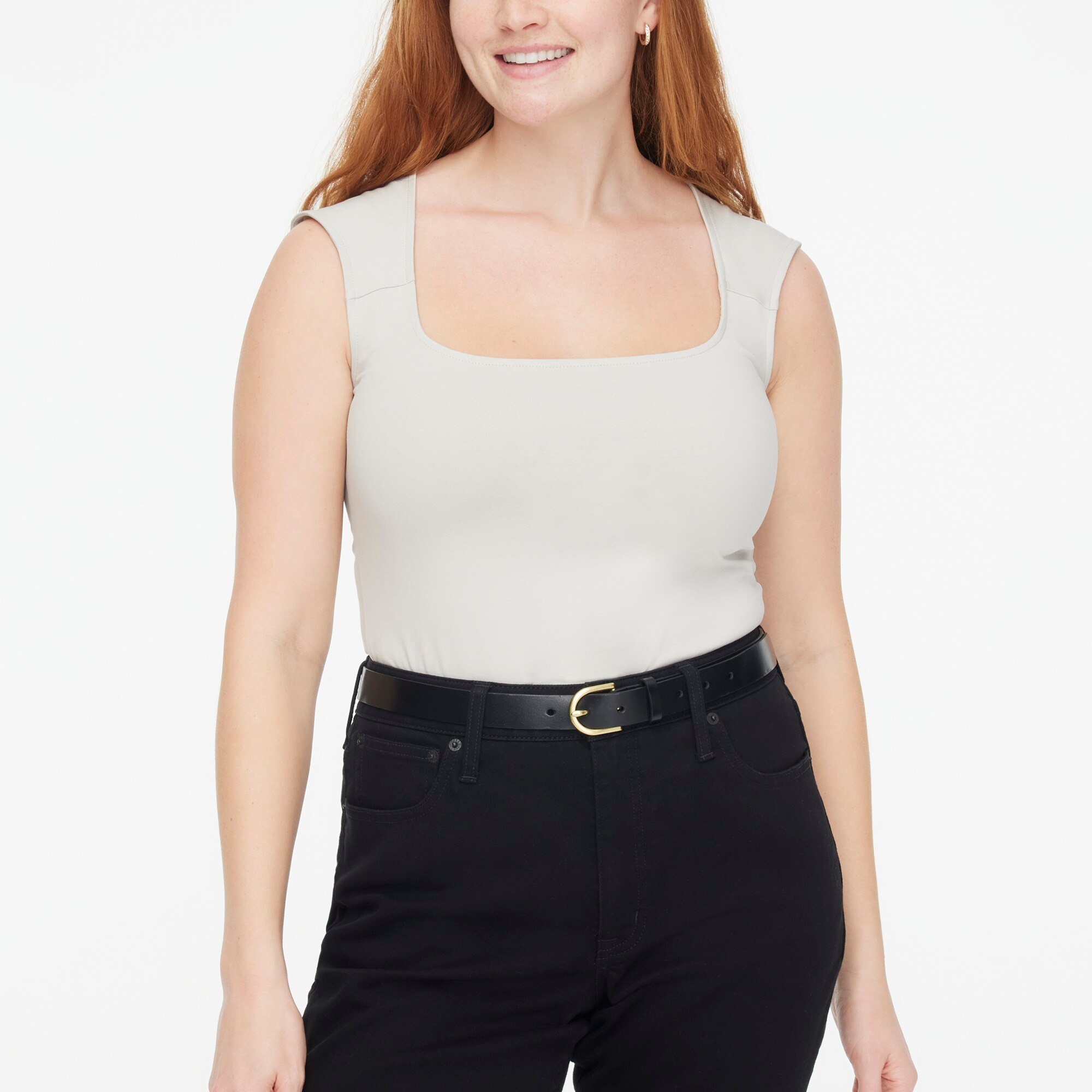 Cap-sleeve stretch cotton-blend squareneck tank top