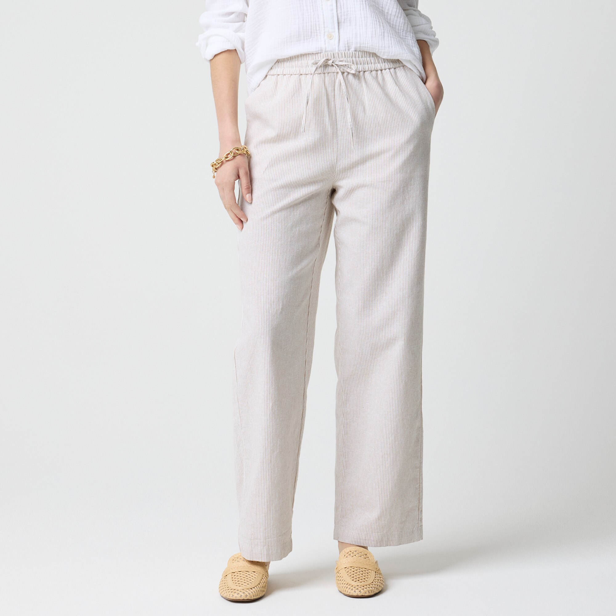 Linen-blend slim wide-leg drawstring pant