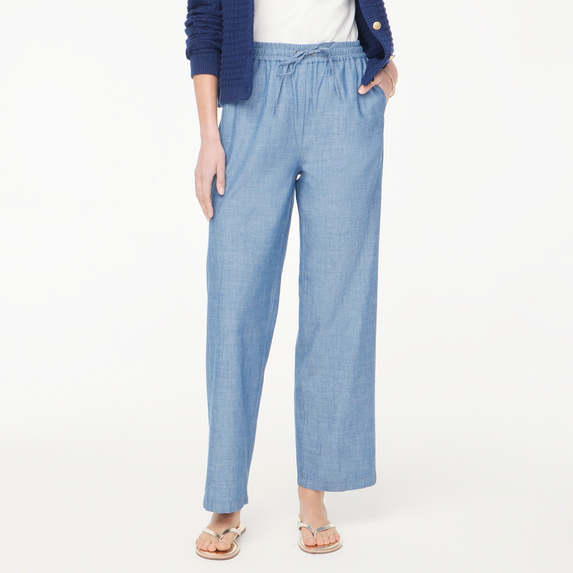 Chambray slim wide-leg drawstring pant