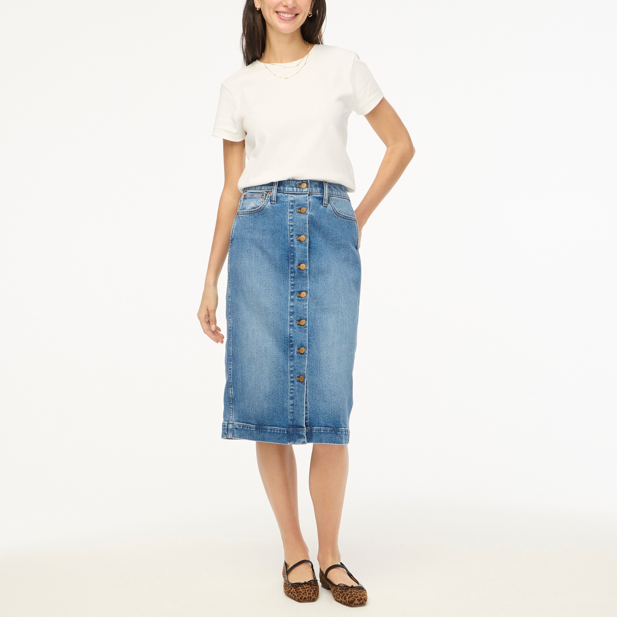 Petite button-front denim midi skirt