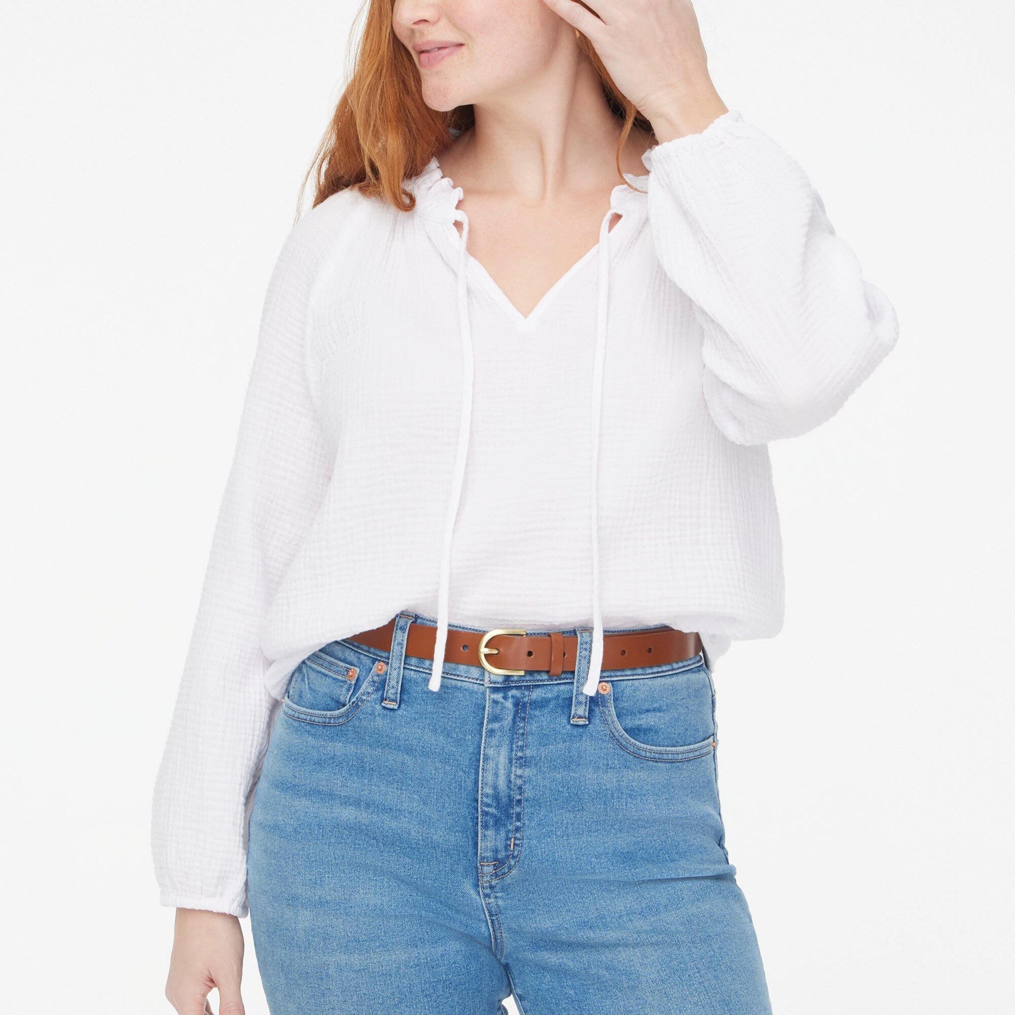 Long-sleeve gauze tie-neck top