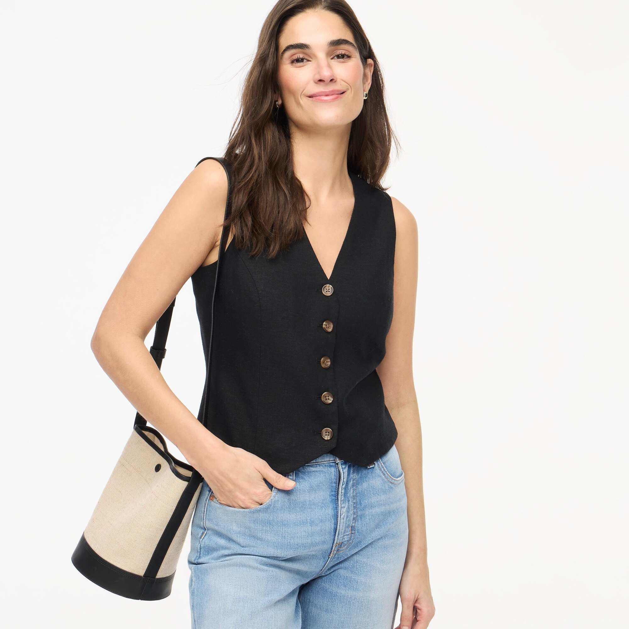 Linen-blend button-front vest