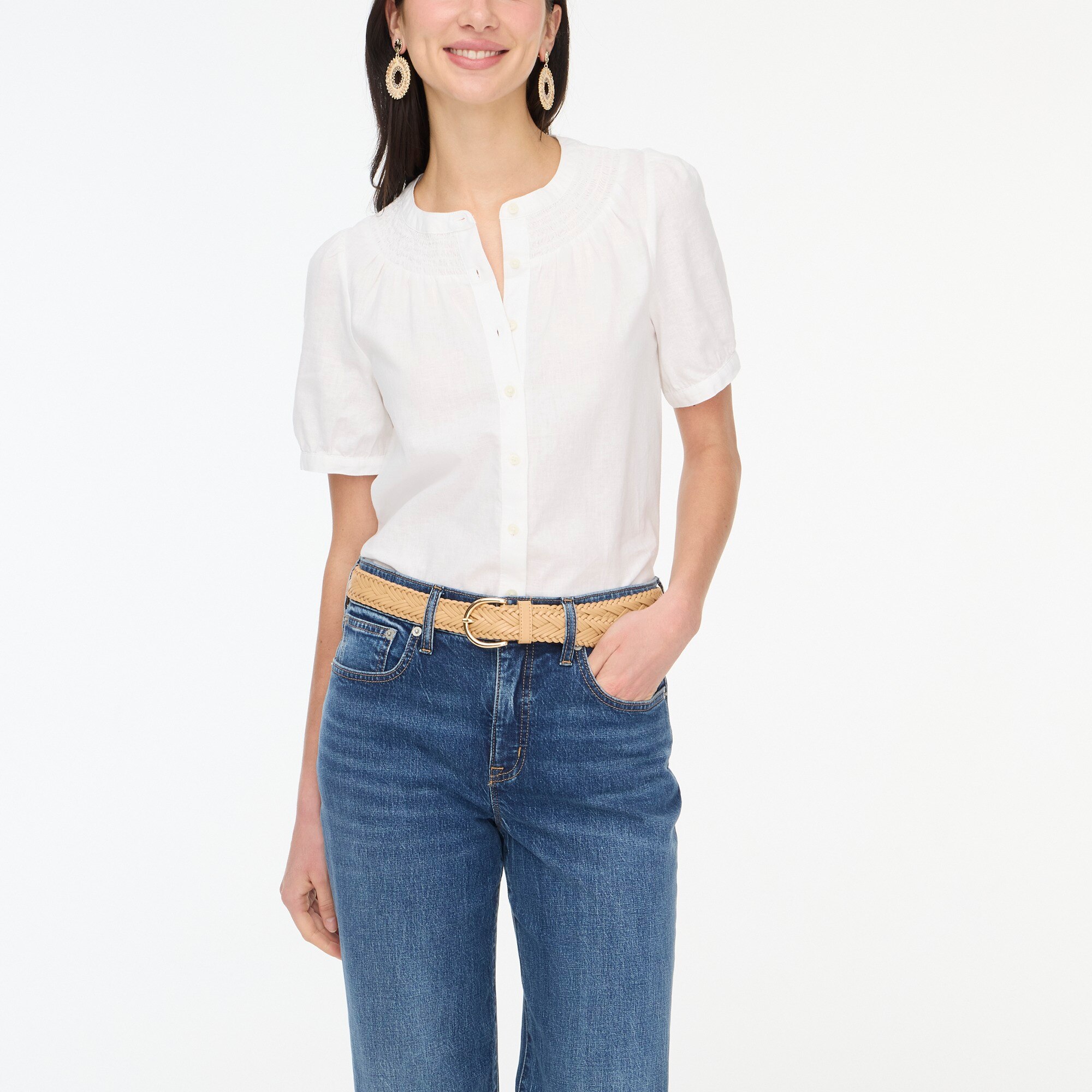 Linen-blend short-sleeve smock-neck top