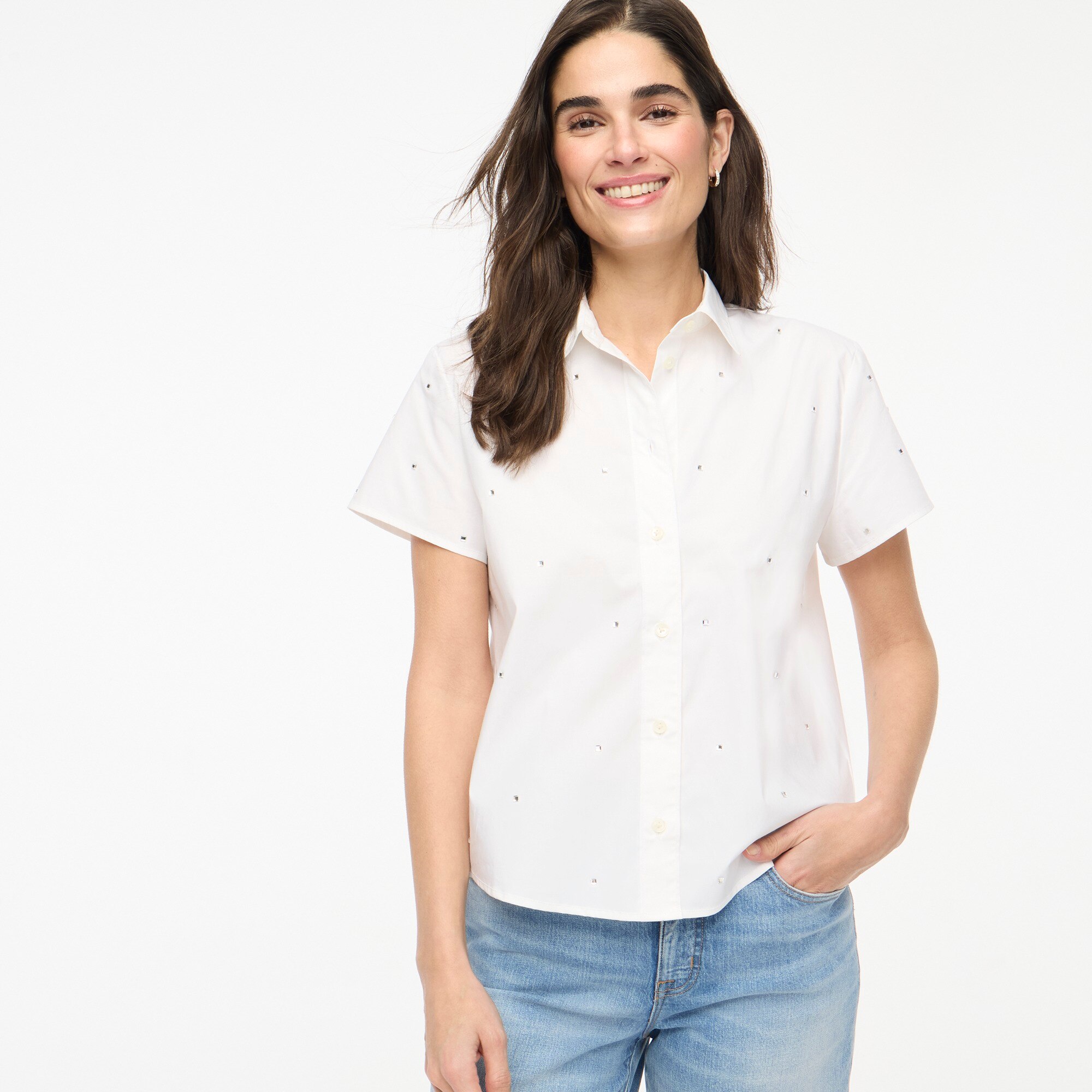 Jeweled short-sleeve button-up shirt