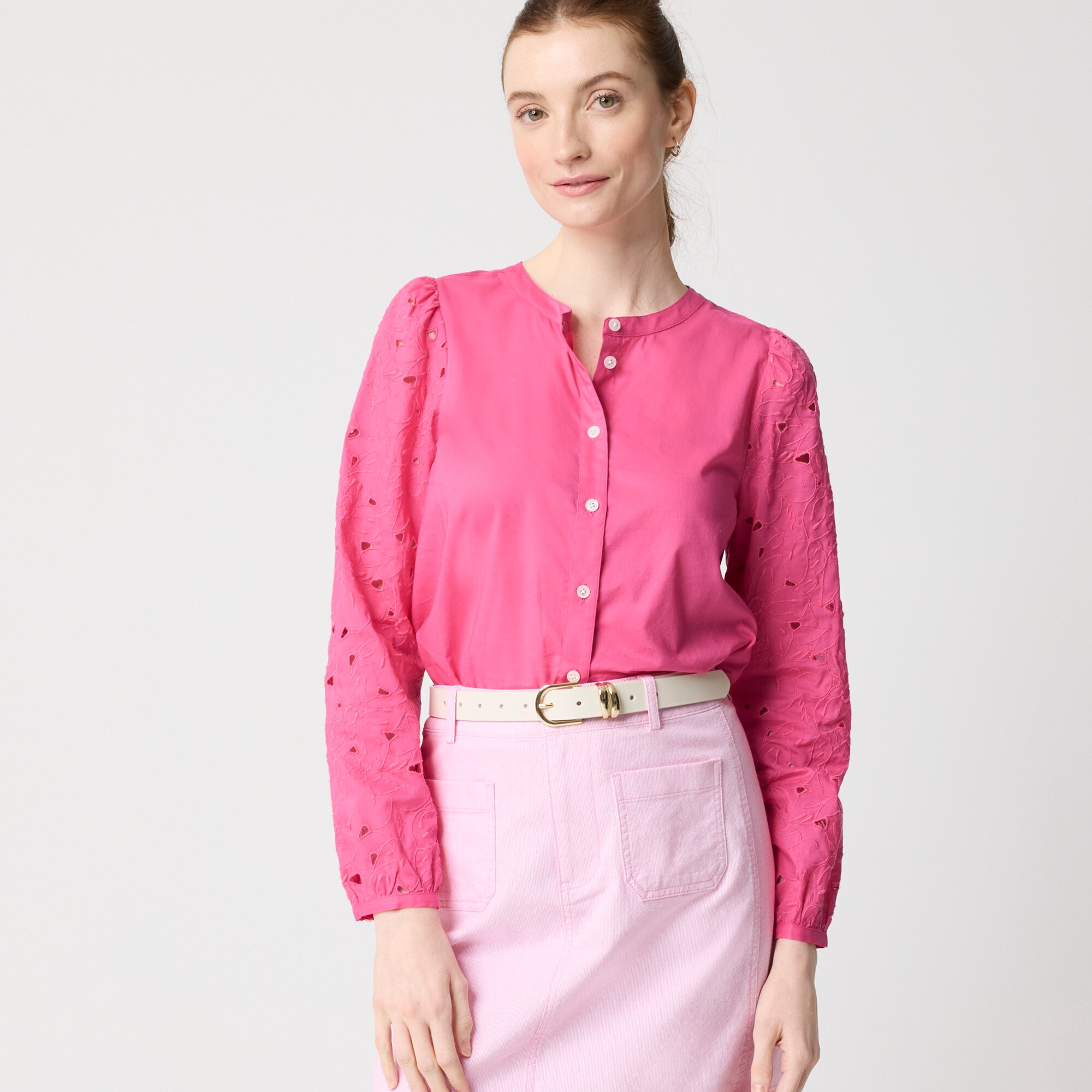 Eyelet-sleeve button-front top