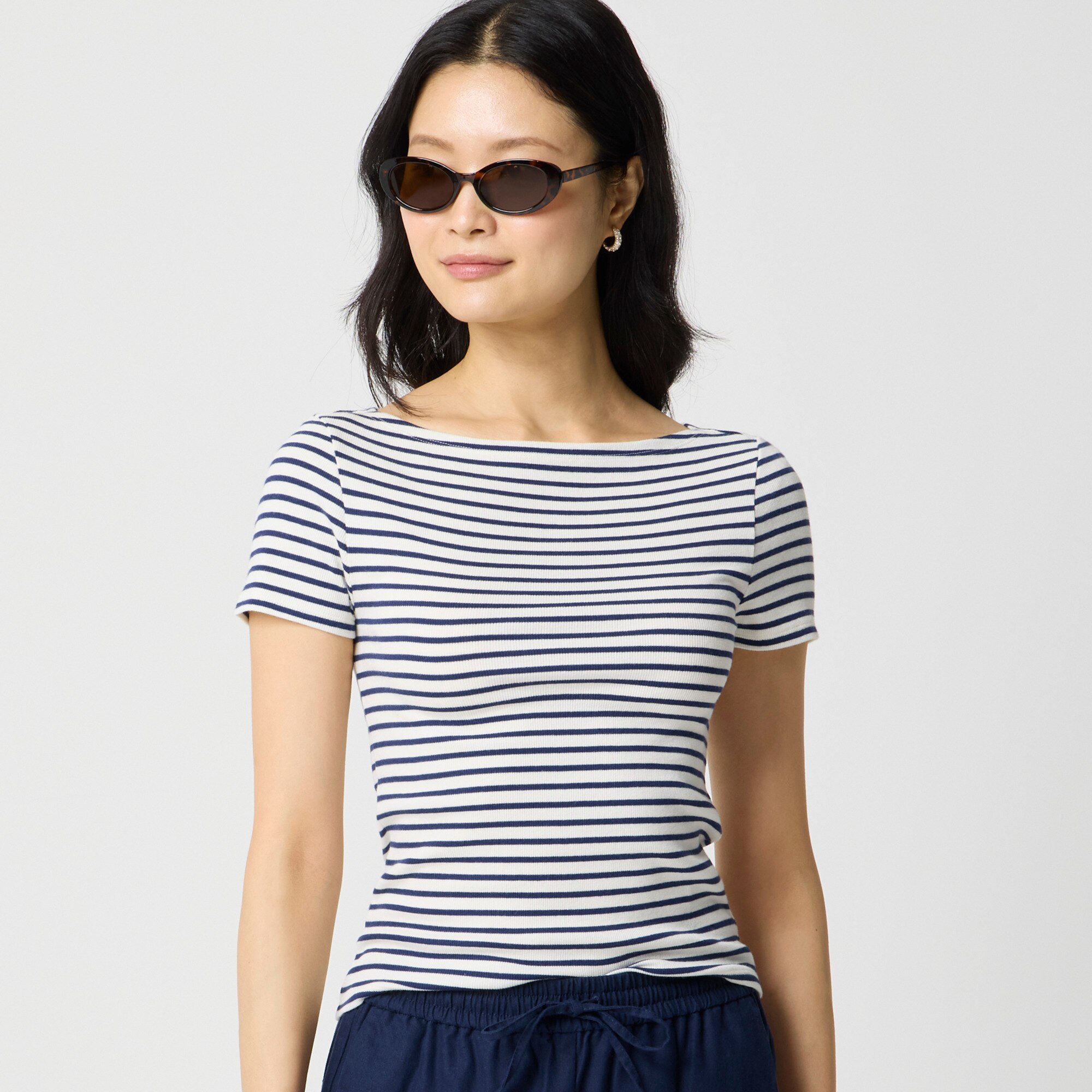 Short-sleeve striped ribbed bateau-neck tee