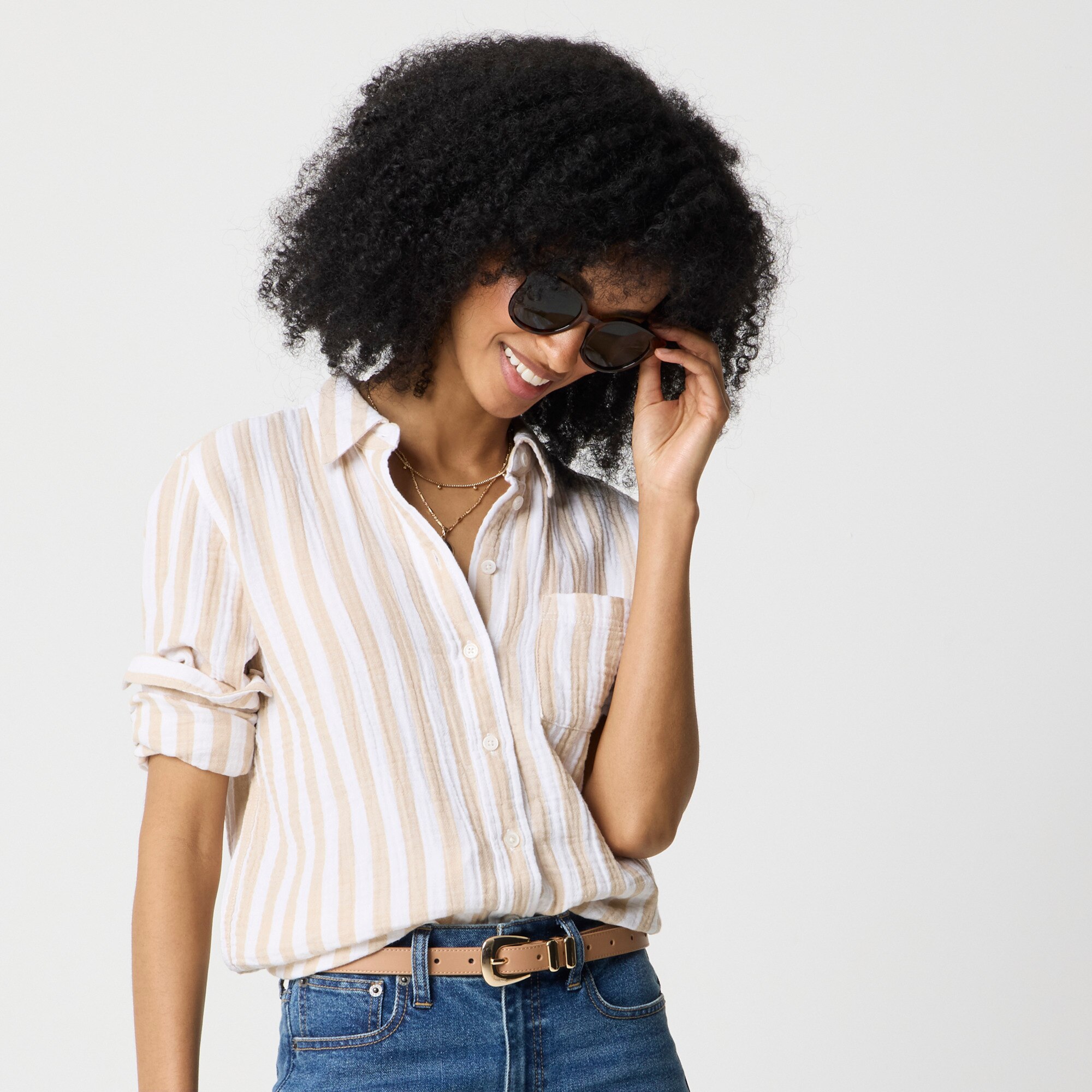 Striped gauze button-up shirt