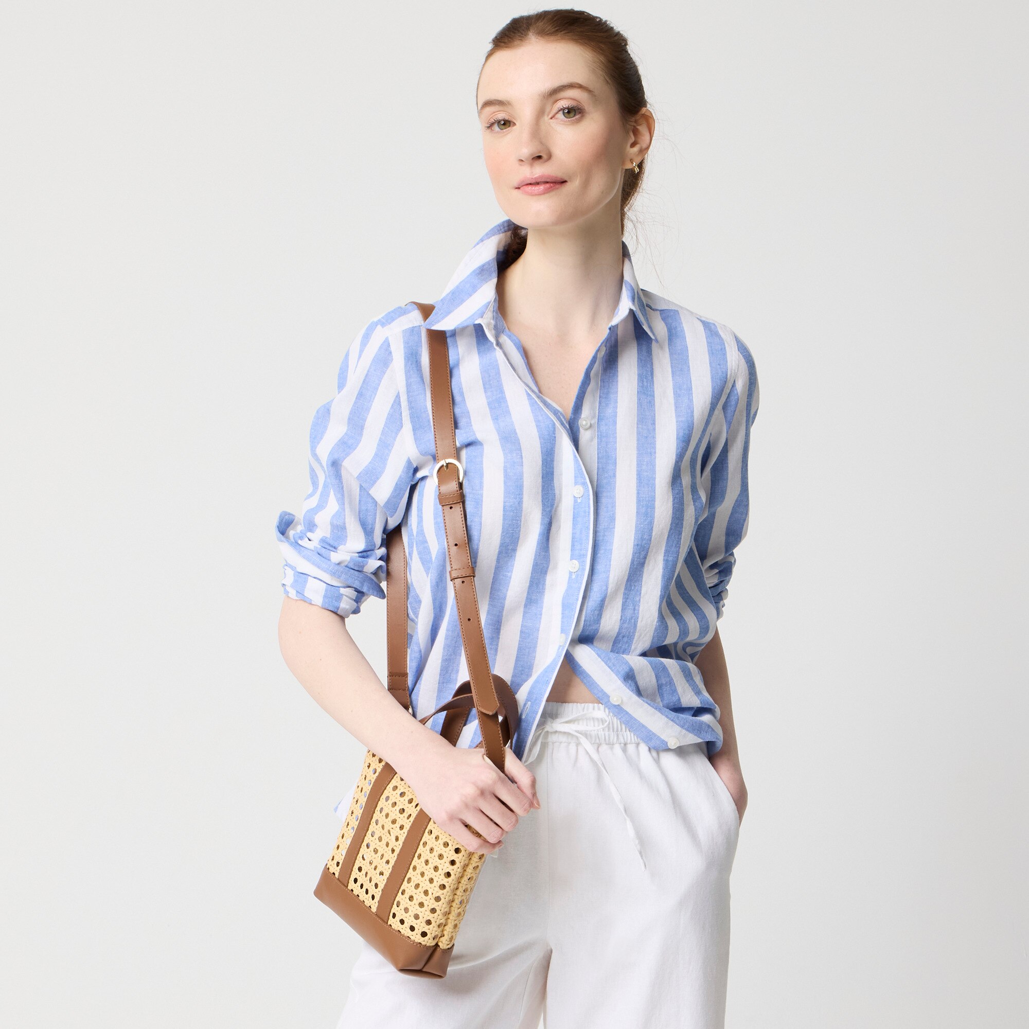 Striped linen-blend button-up shirt