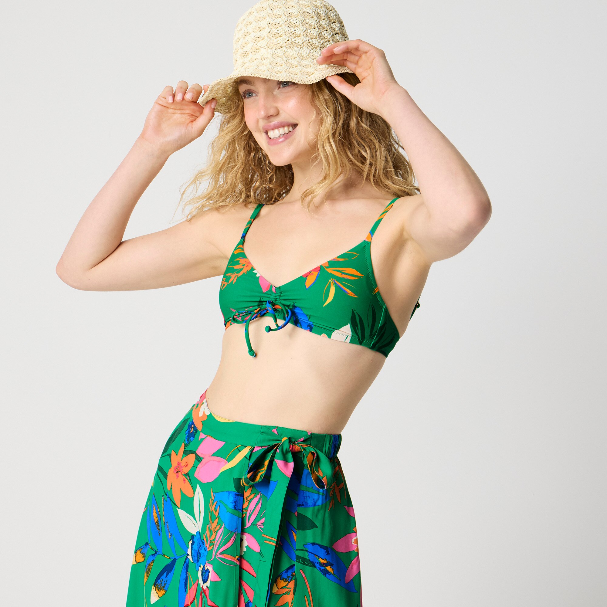 Printed tie-front bikini top