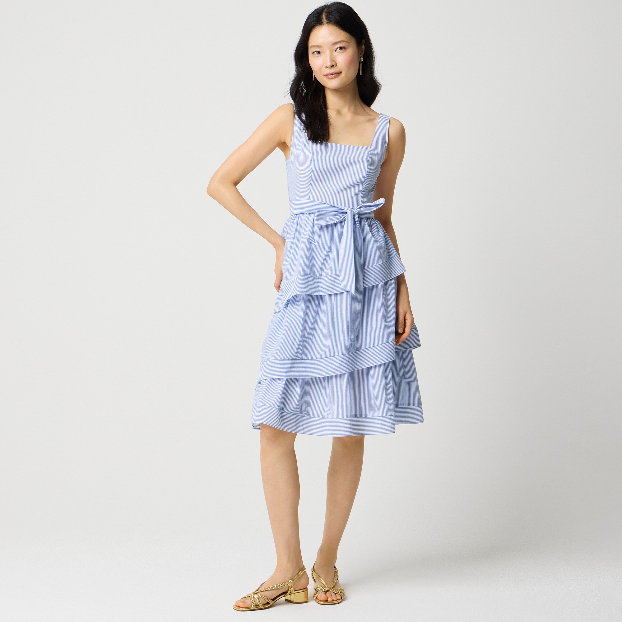 Striped sleeveless belted tiered dress
