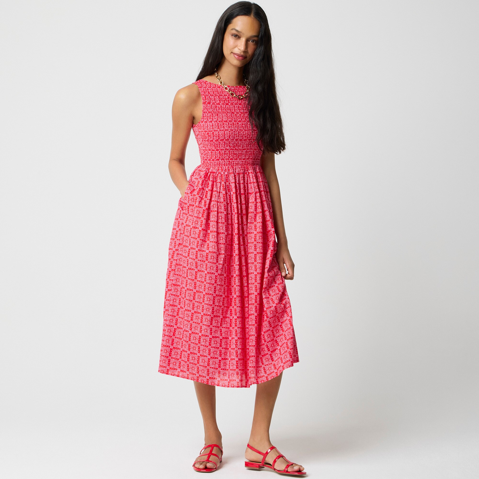 Smocked boatneck midi dress