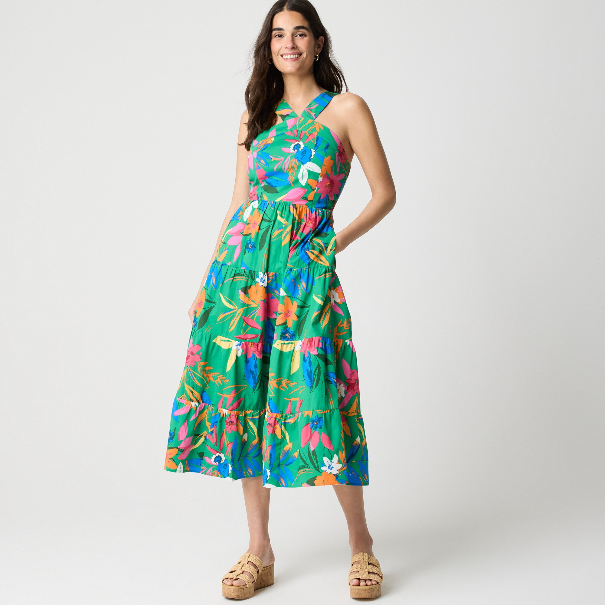 Printed tiered halter midi dress