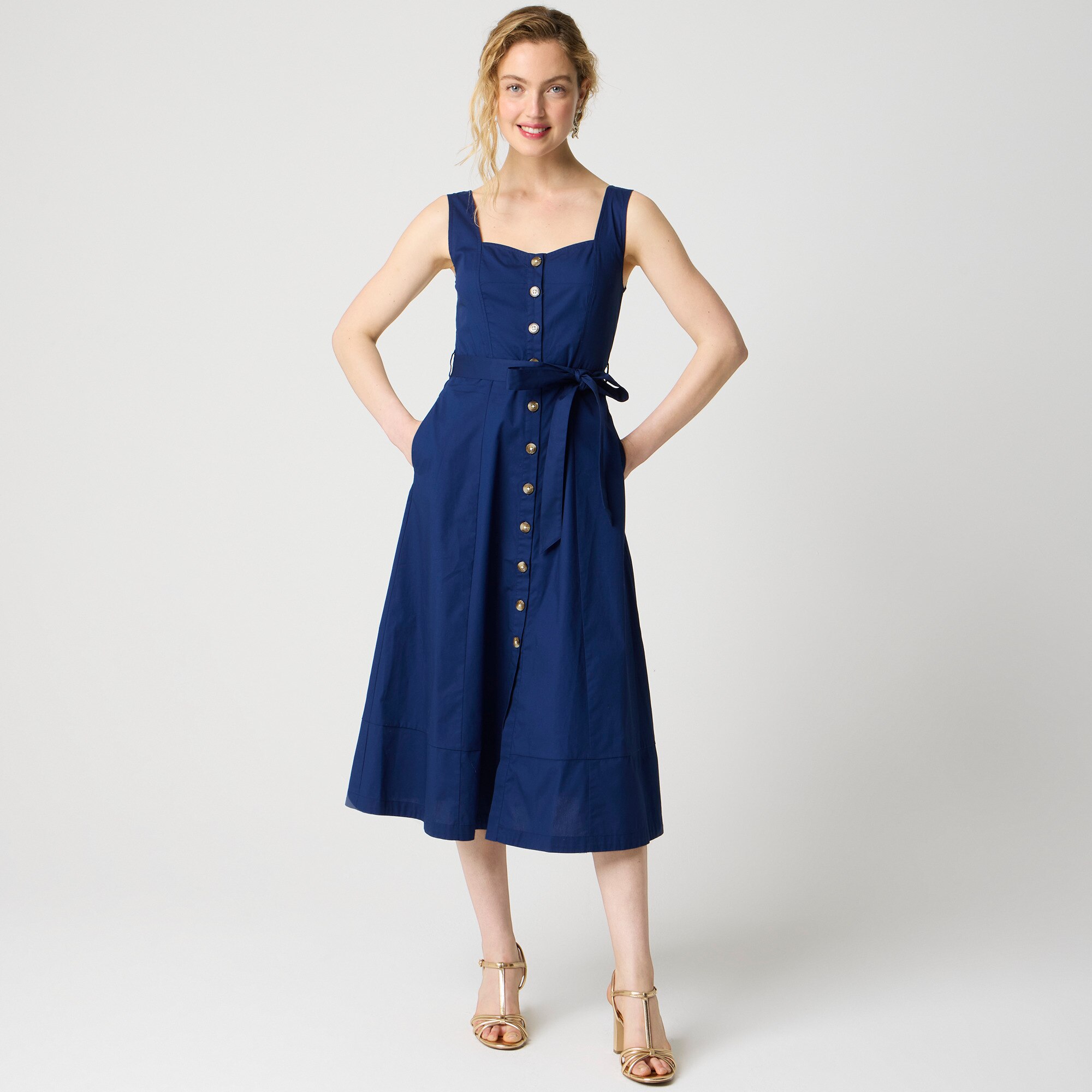 Button-front belted midi dress