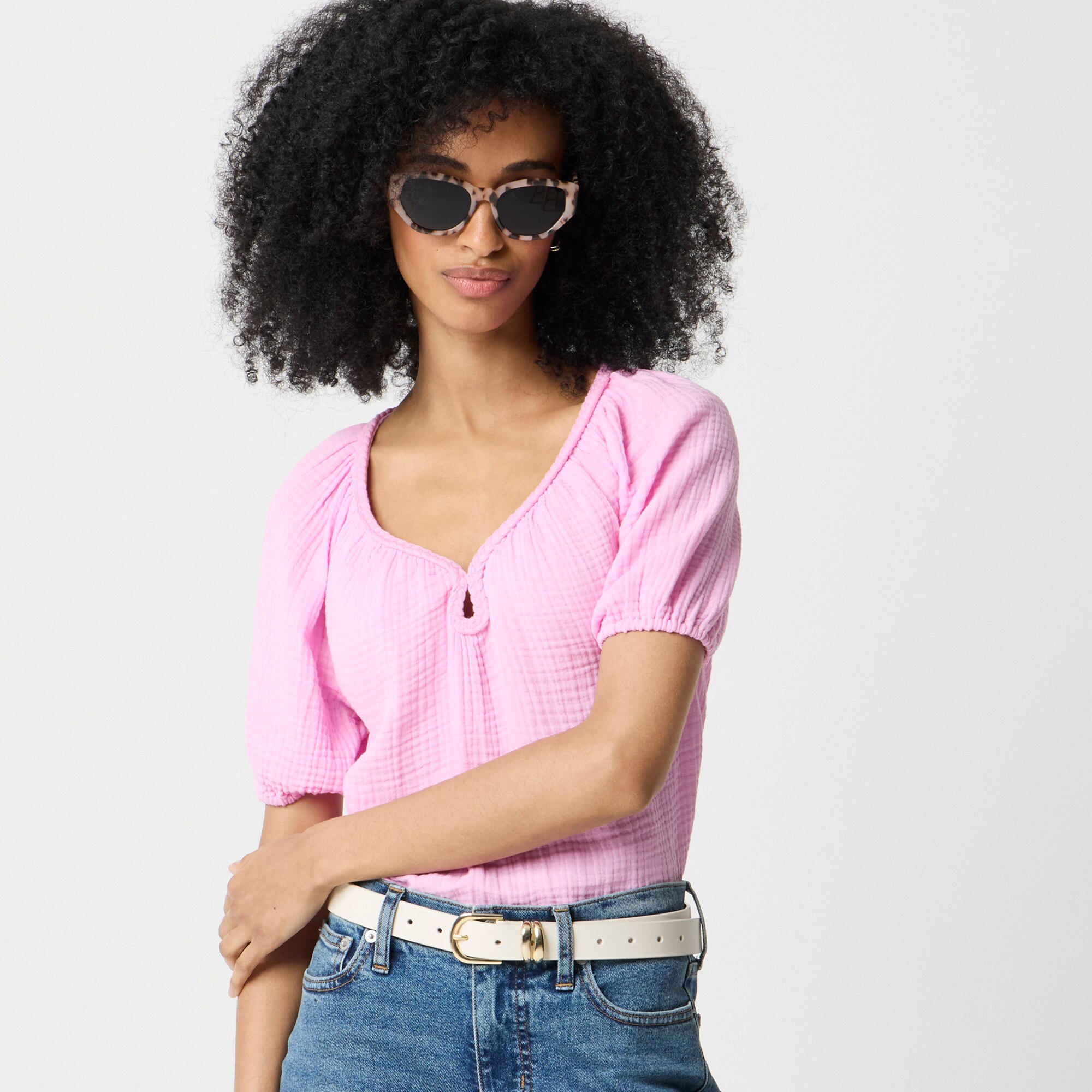 Puff-sleeve braided-neckline gauze top