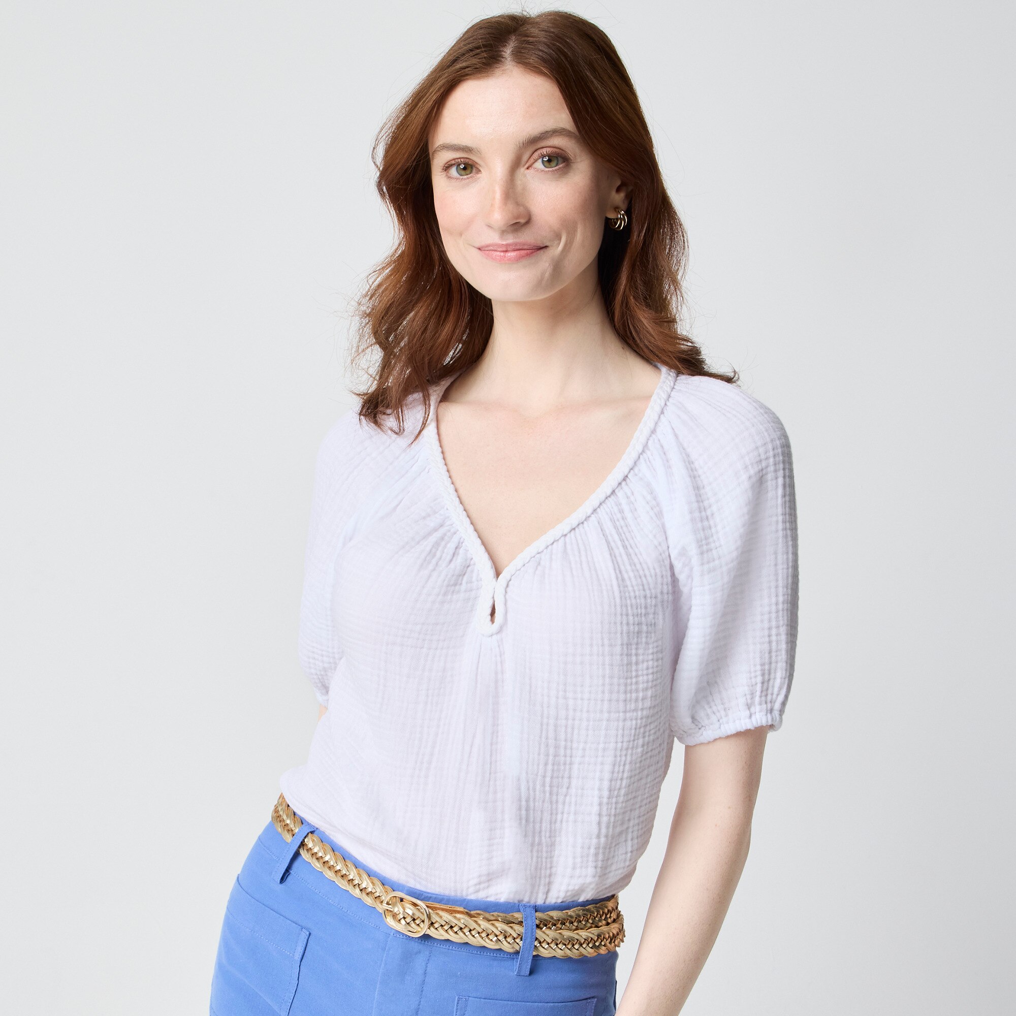 Puff-sleeve braided-neckline gauze top