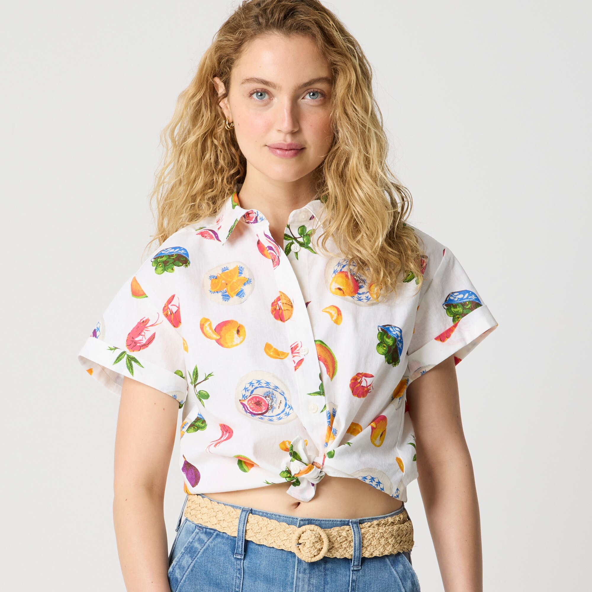 Printed short-sleeve linen-blend button-up shirt