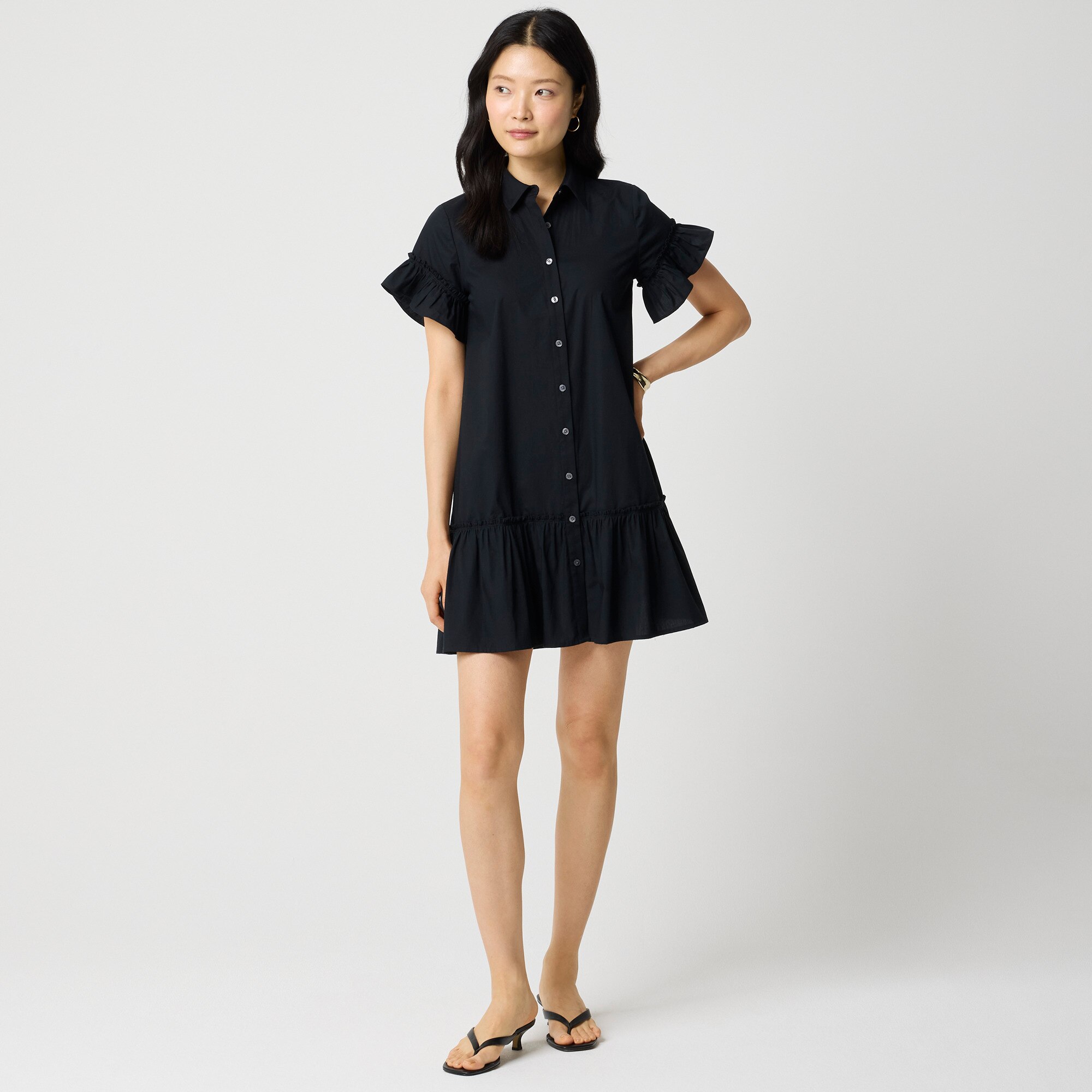 Ruffle-sleeve mini shirtdress