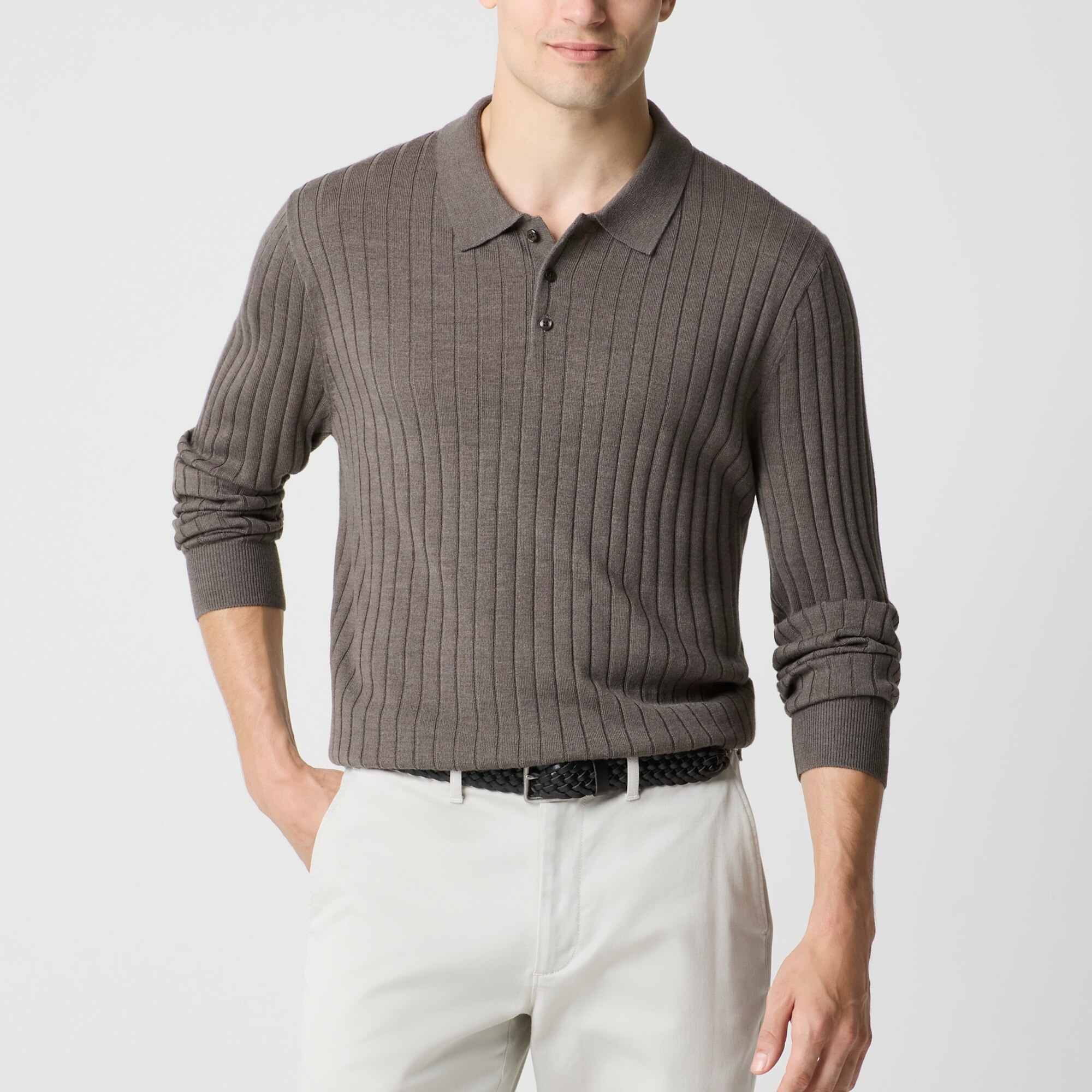 Long-sleeve merino wool-blend sweater-polo