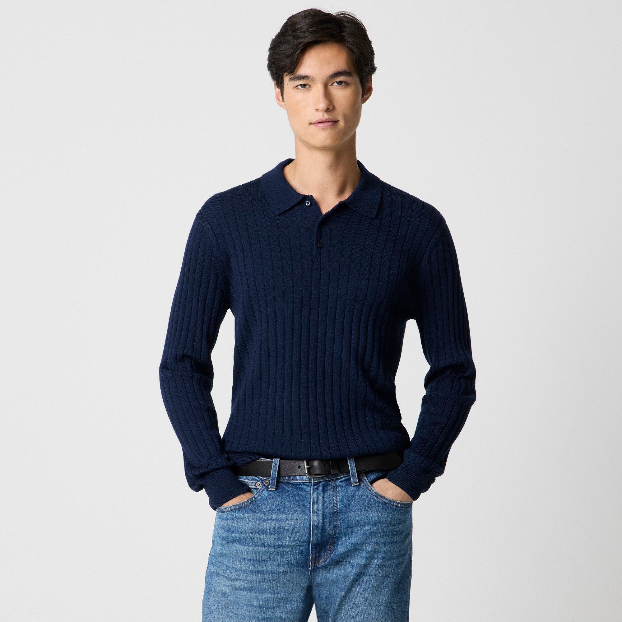 Long-sleeve merino wool-blend sweater-polo