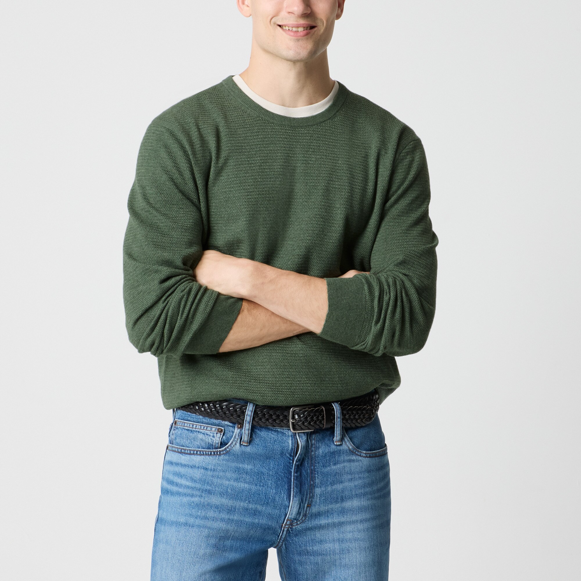 Long-sleeve basketweave crewneck sweater