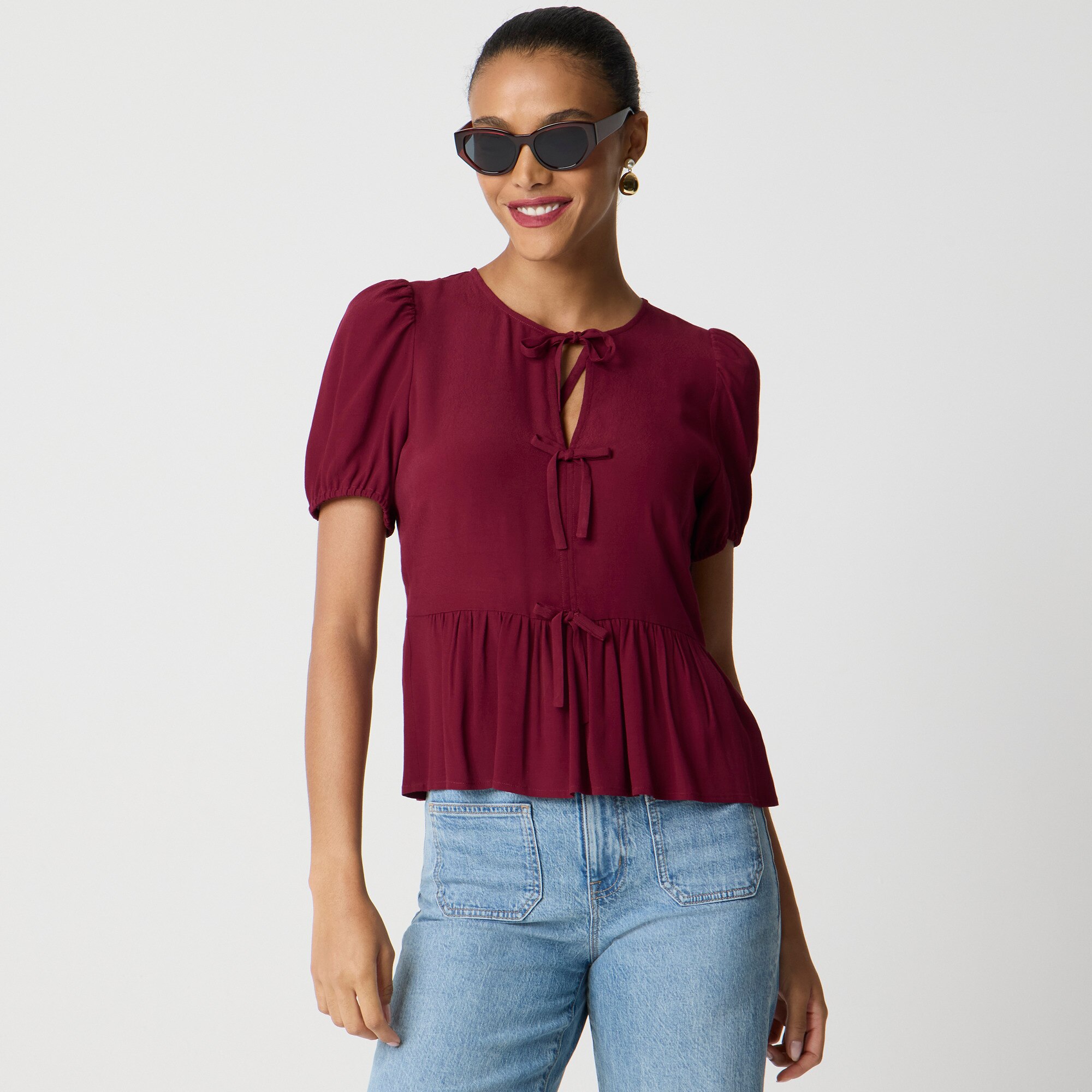 Tie-front puff-sleeve top