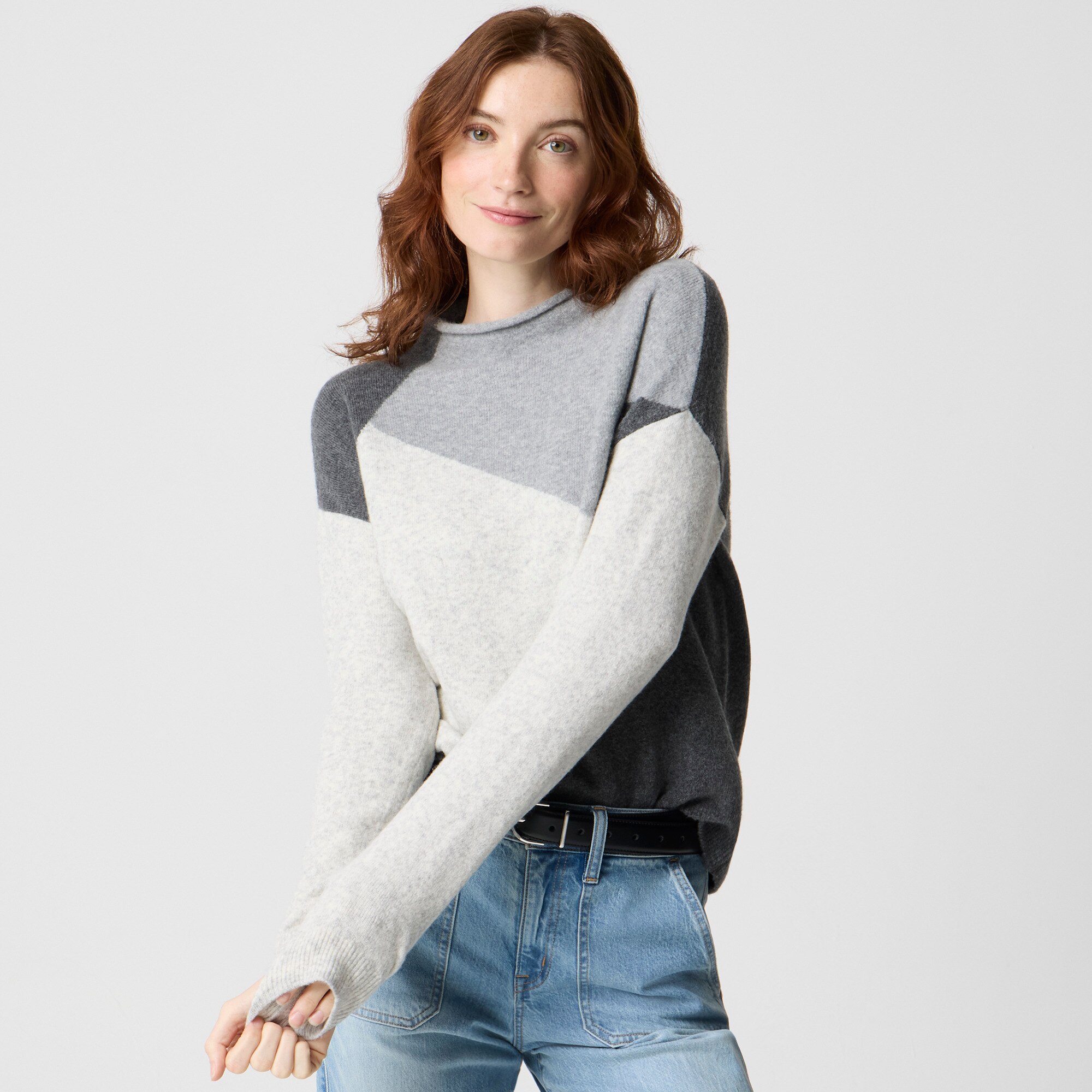 Colorblock mockneck sweater in extra-soft yarn