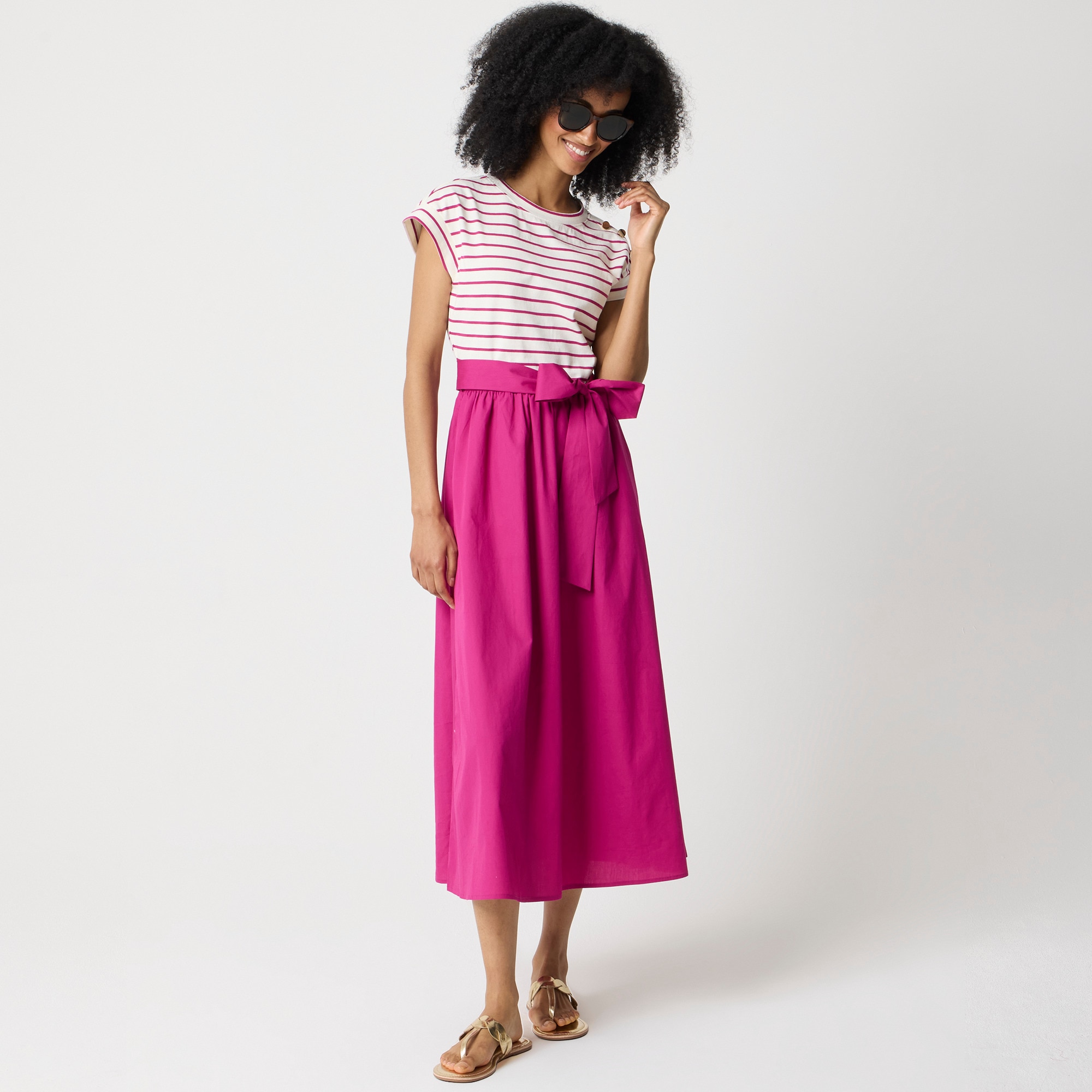 Button-shoulder tie-waist knit mixy dress 70$