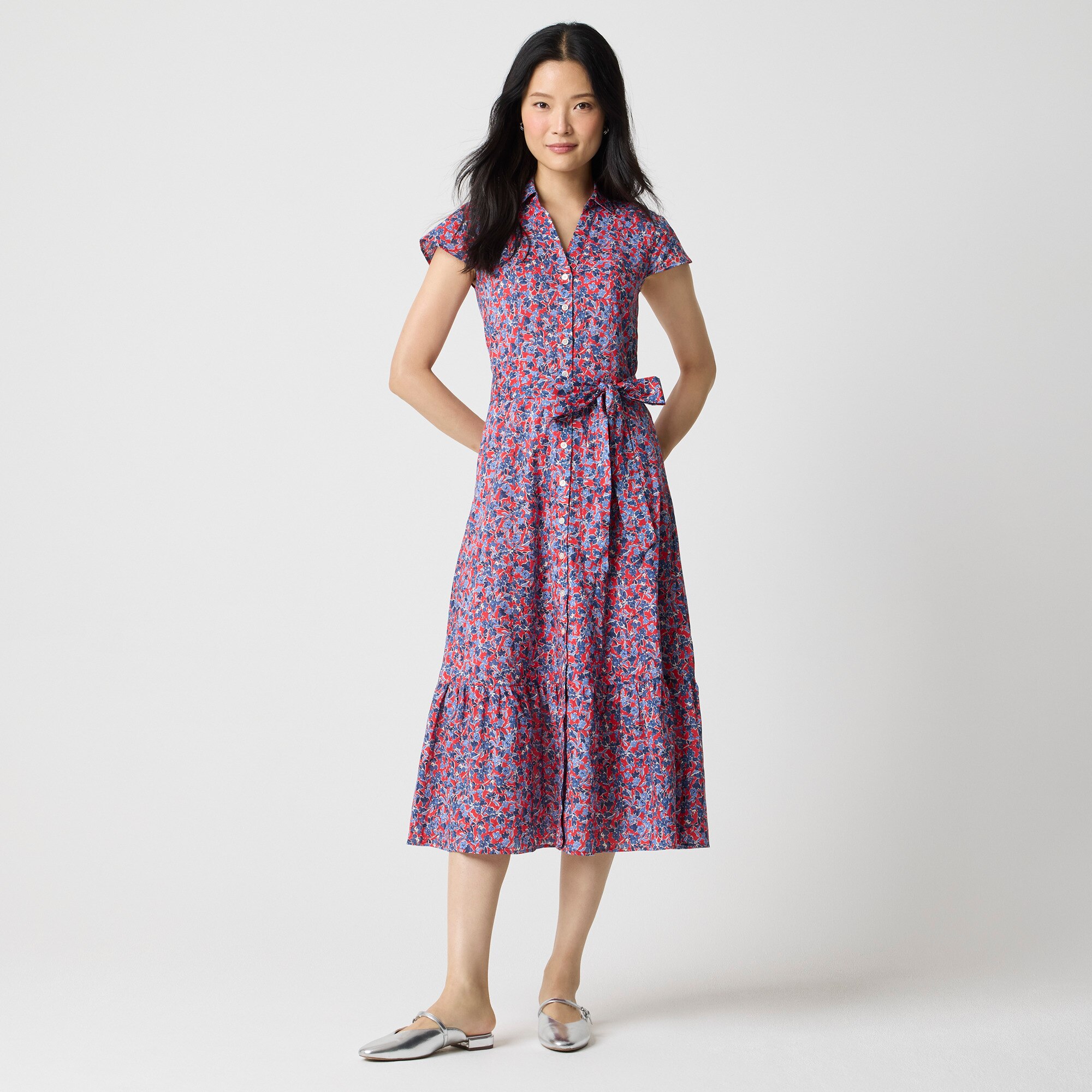 Tall printed tie-waist midi shirt-dress 90$