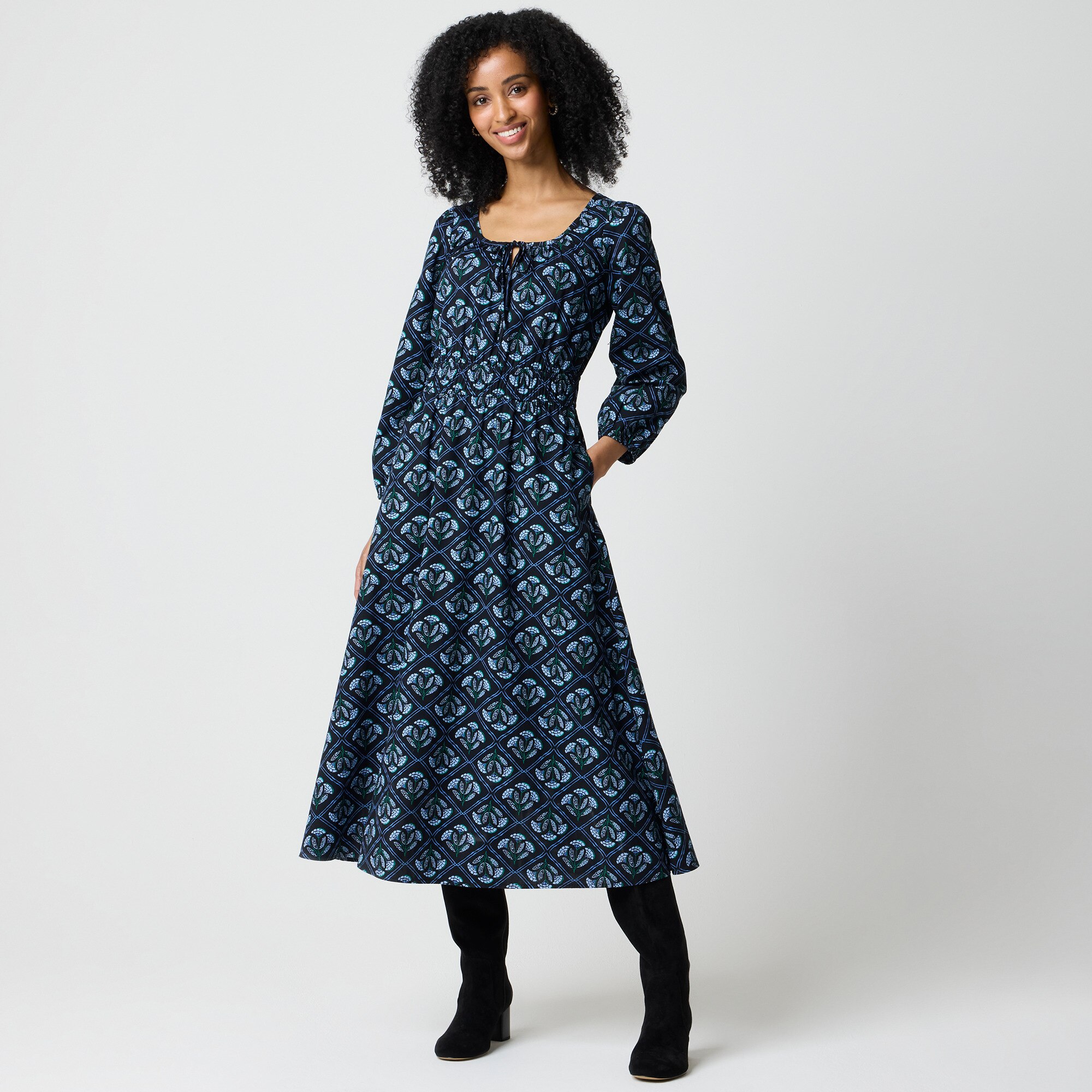Long-sleeve smocked waist poplin dress