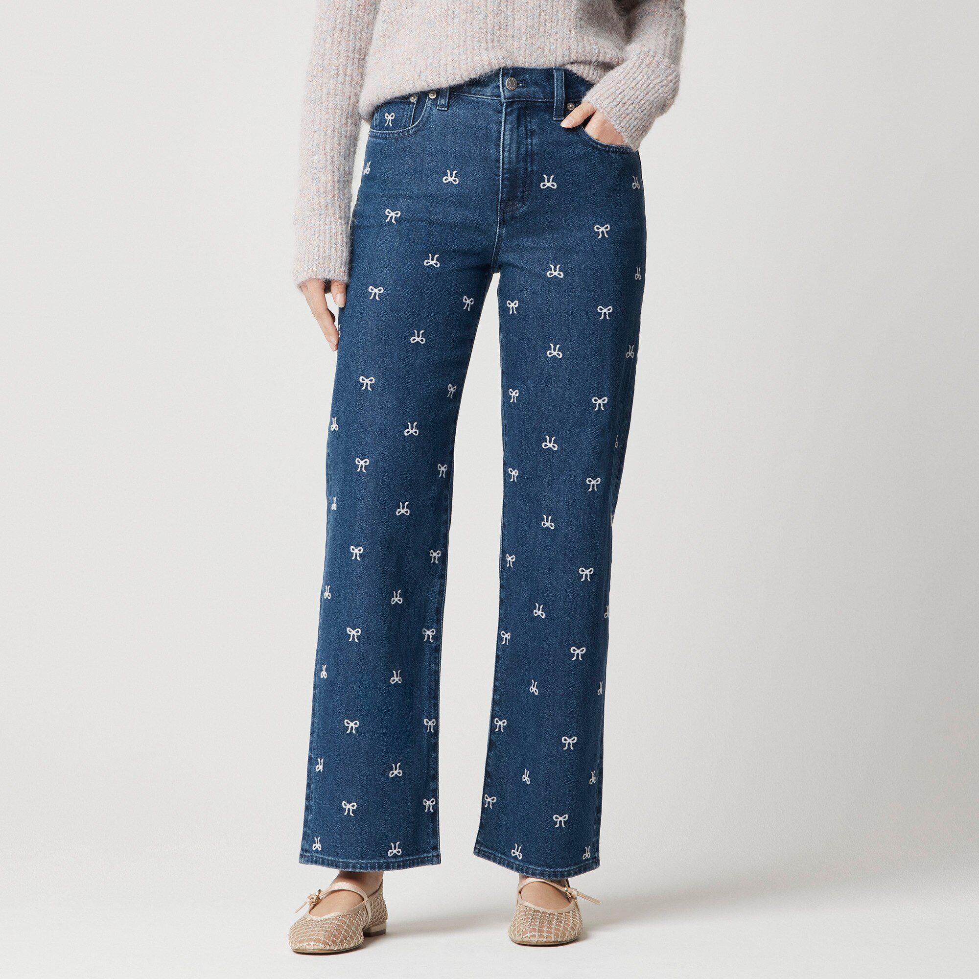 Tall bow-embroidered slim wide-leg jean in all-day stretch