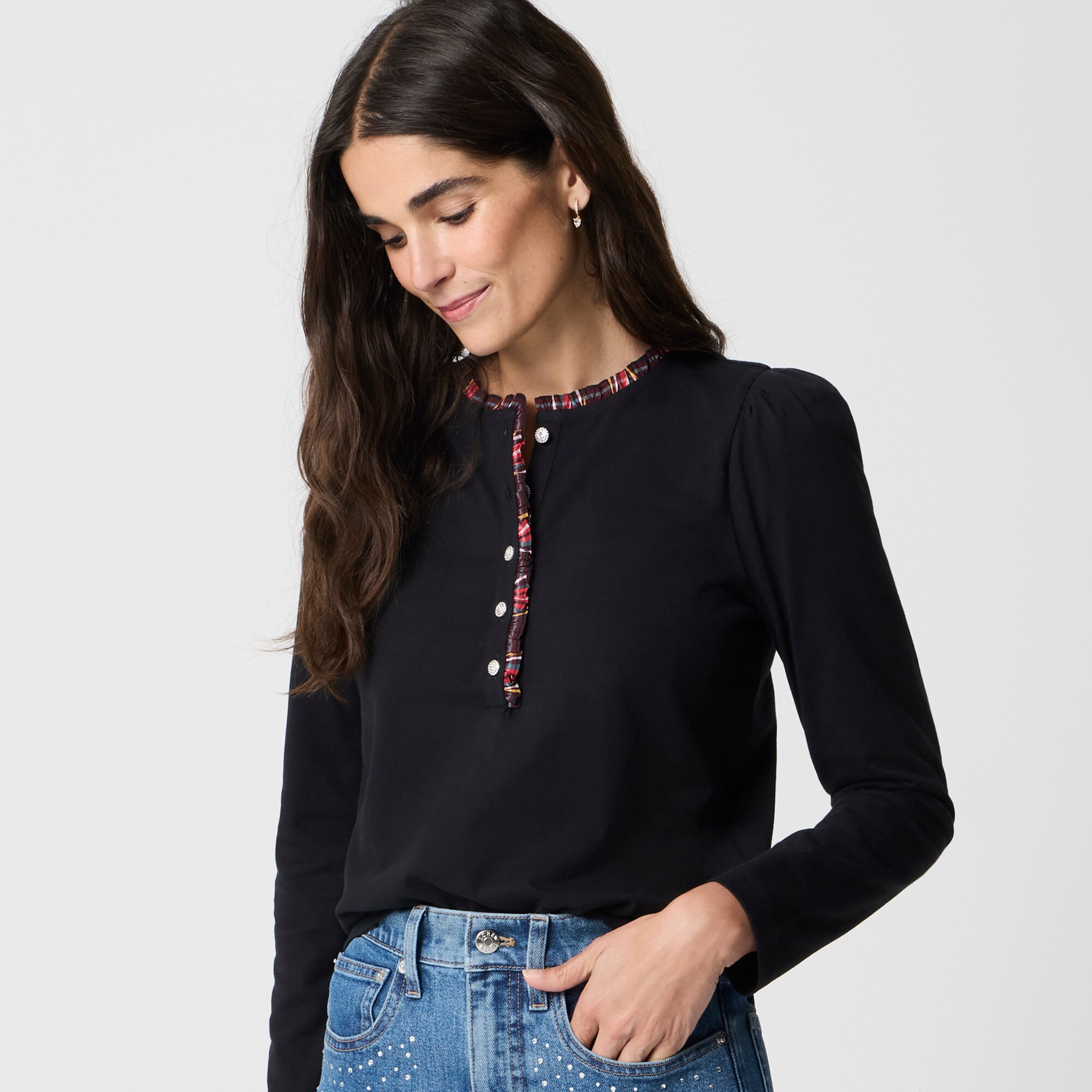 Long-sleeve tartan and jewels henley