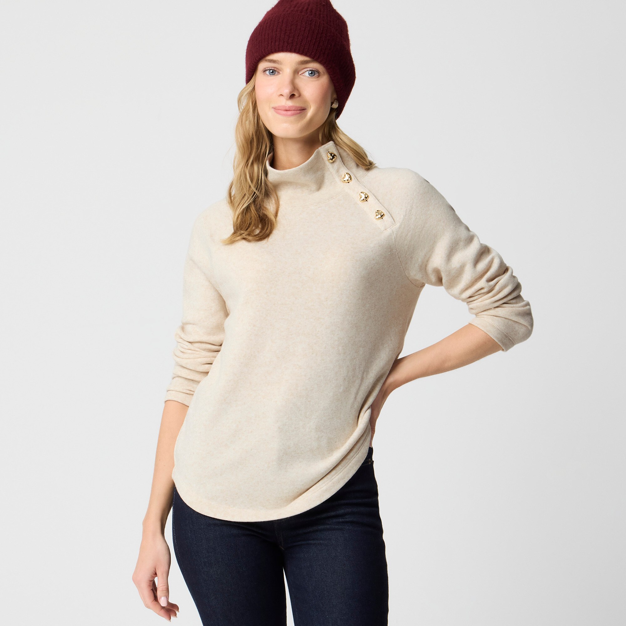 Heart-button mockneck pullover