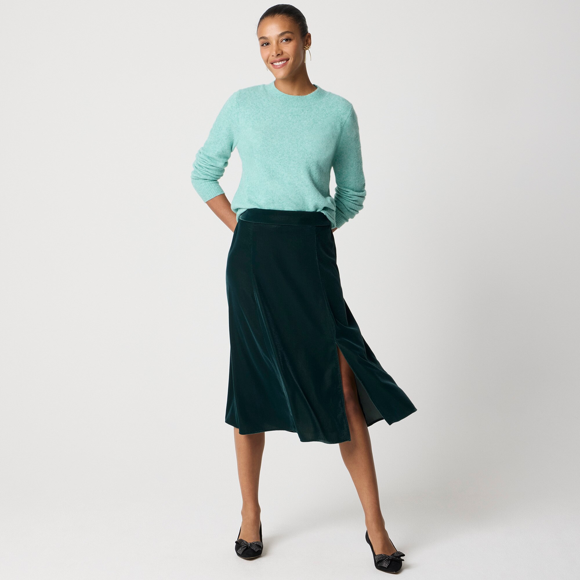 Velvet pull-on midi skirt