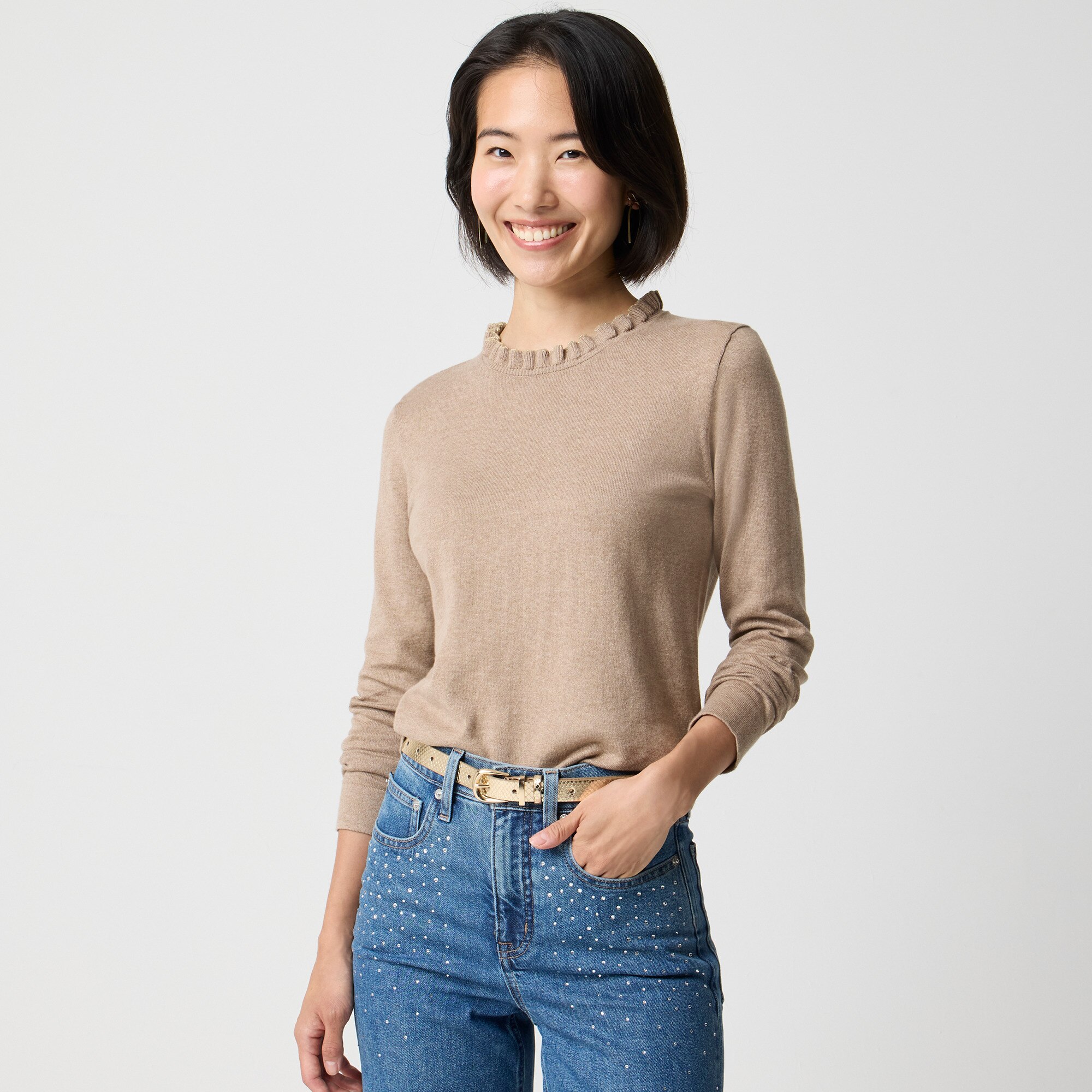 Cotton ruffleneck sweater with metallic trim