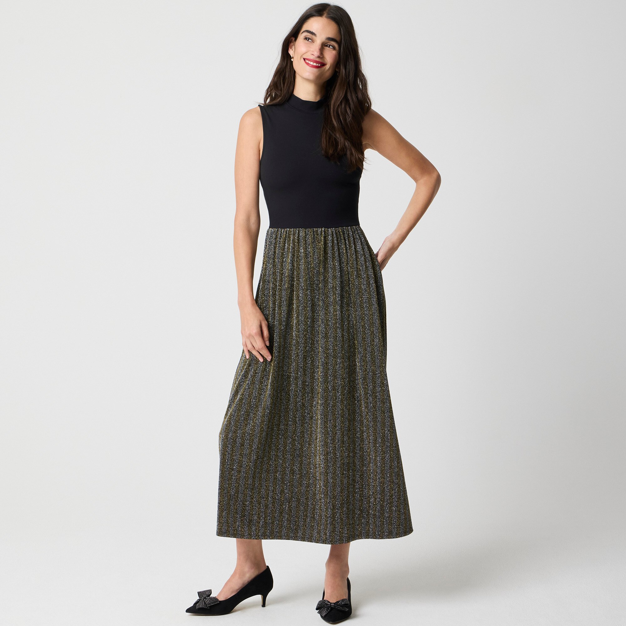 Petite mockneck mixed-media sparkle dress