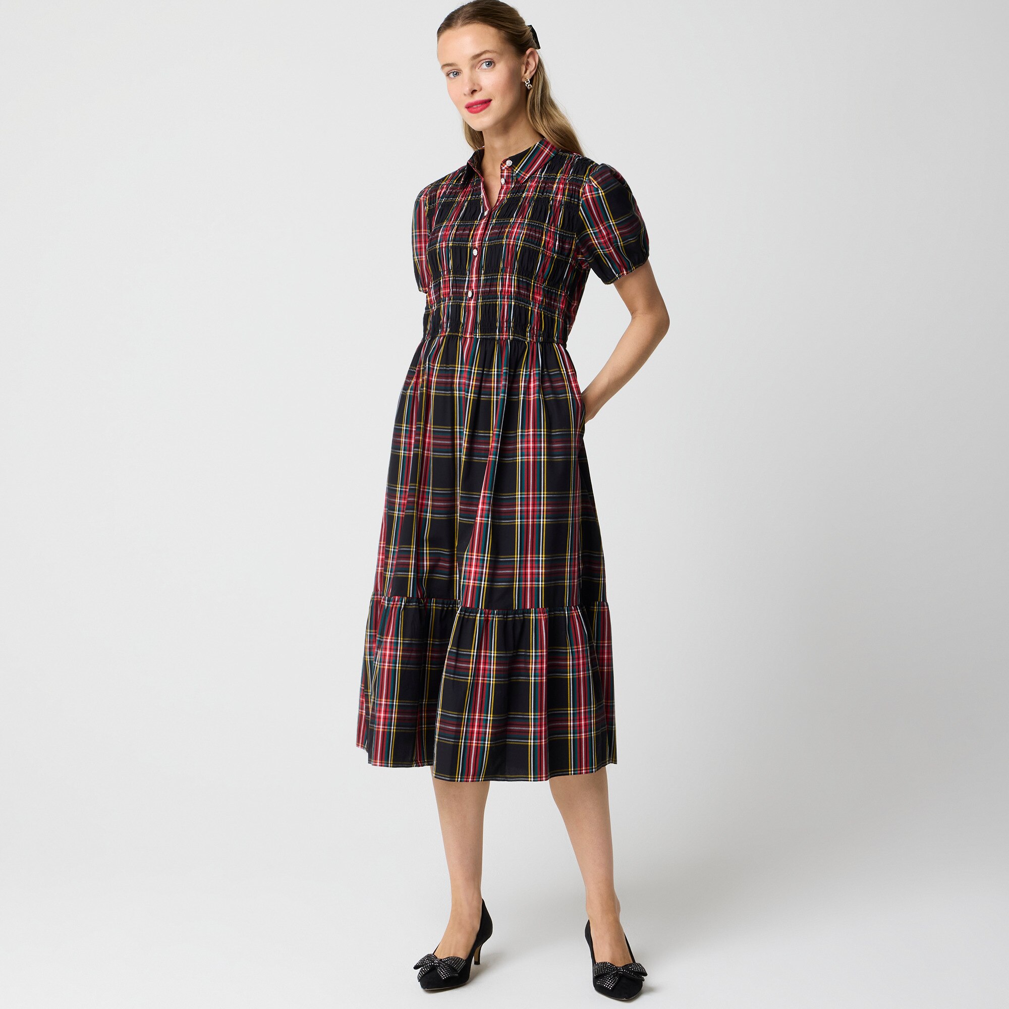 Tartan smocked midi shirt-dress