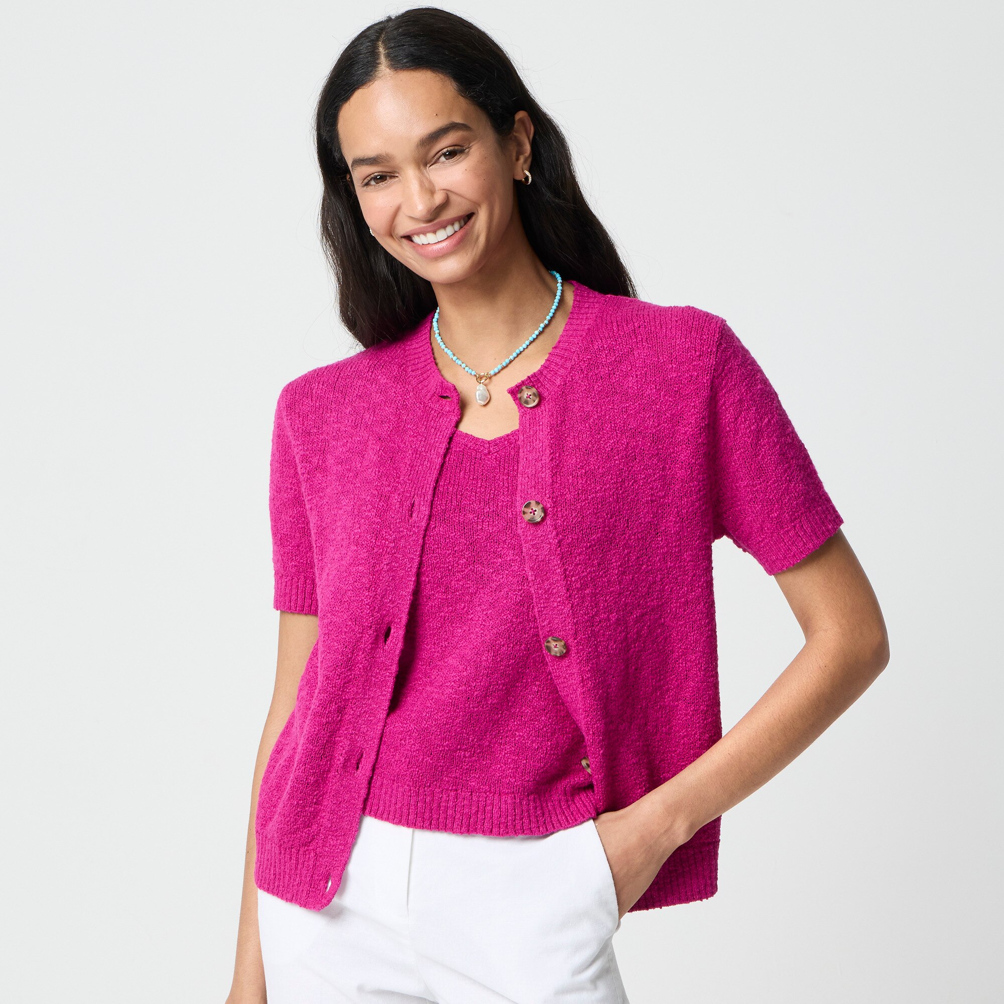 Short-sleeve slub cardigan sweater