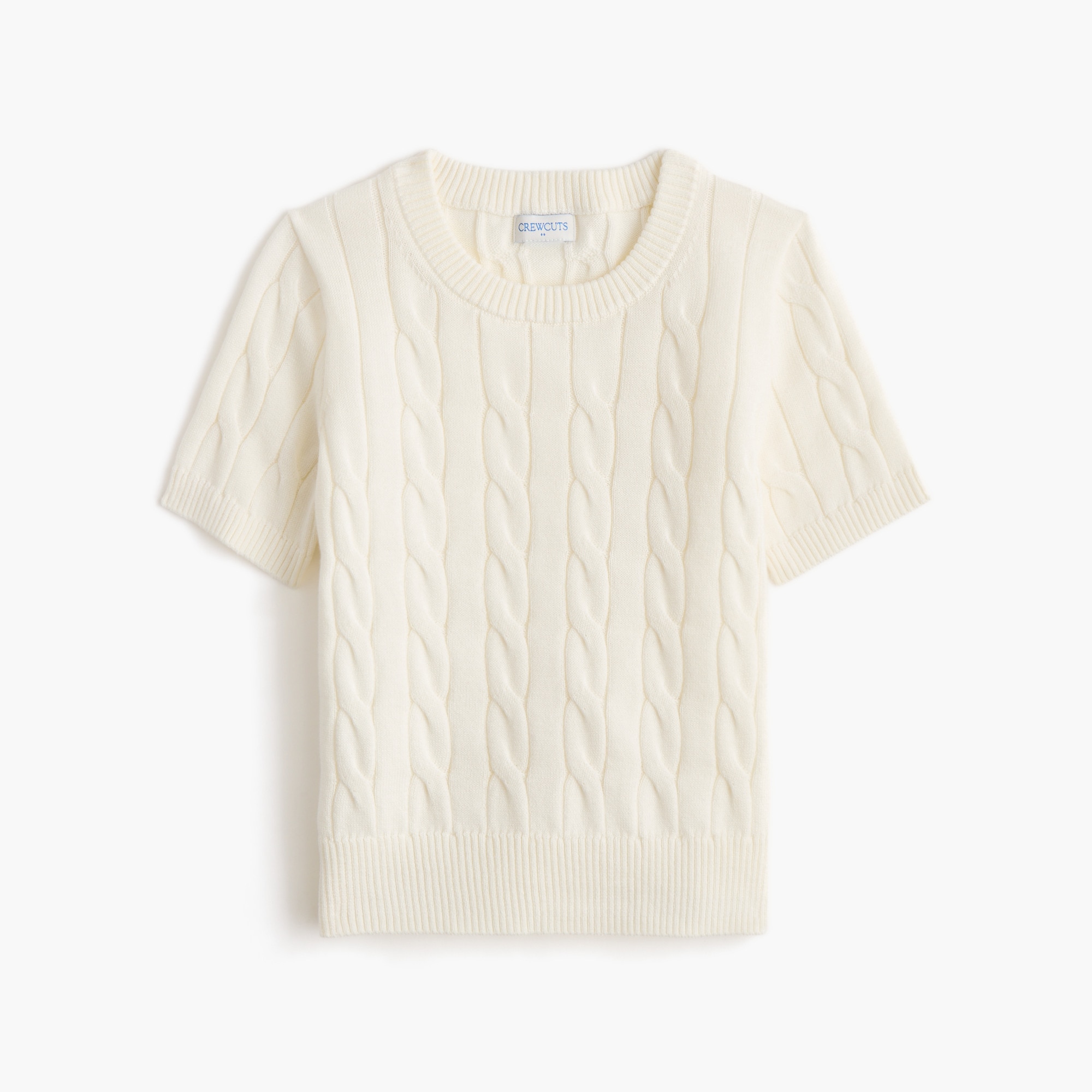 Girls' short-sleeve cotton cable crewneck sweater