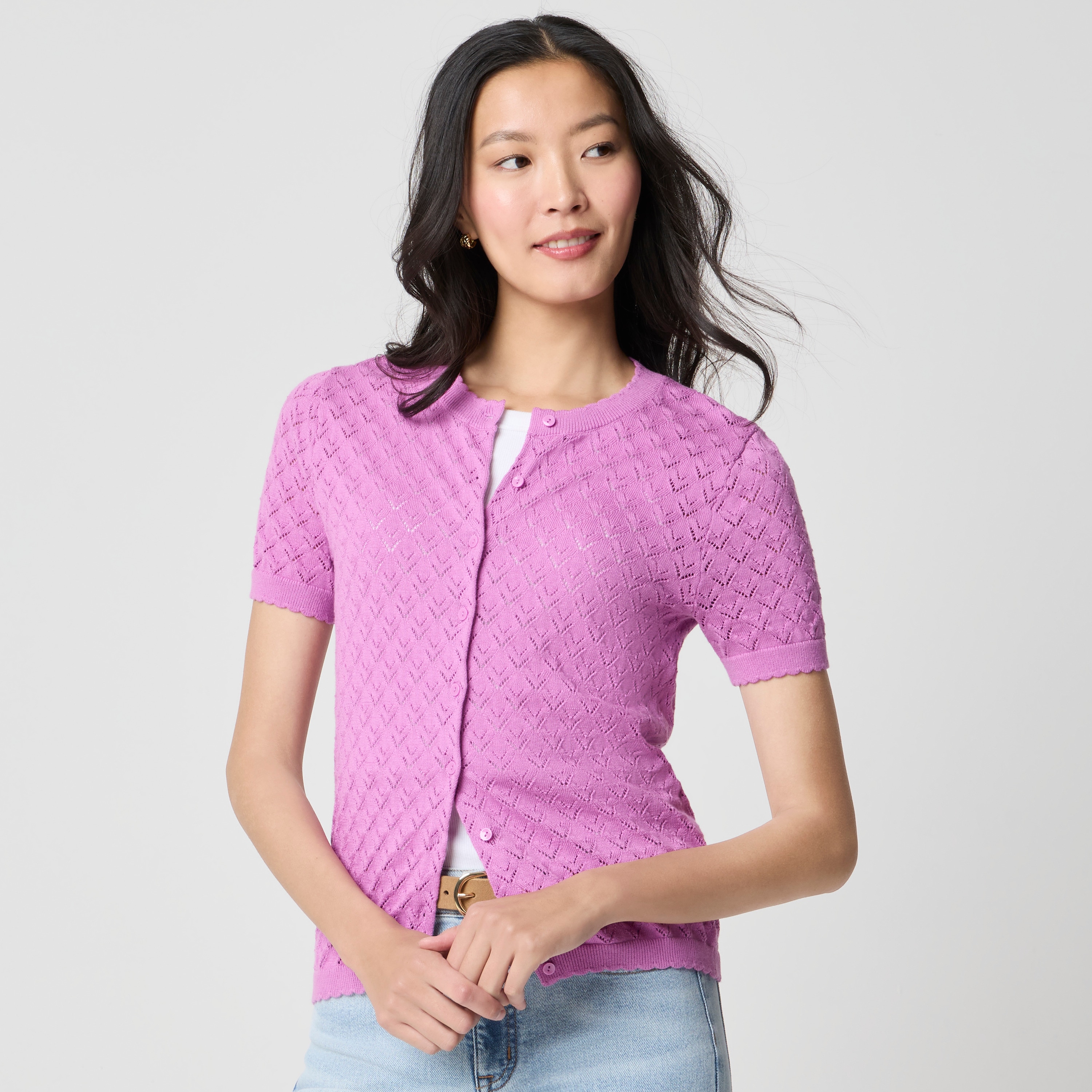 Short-sleeve pointelle cardigan sweater