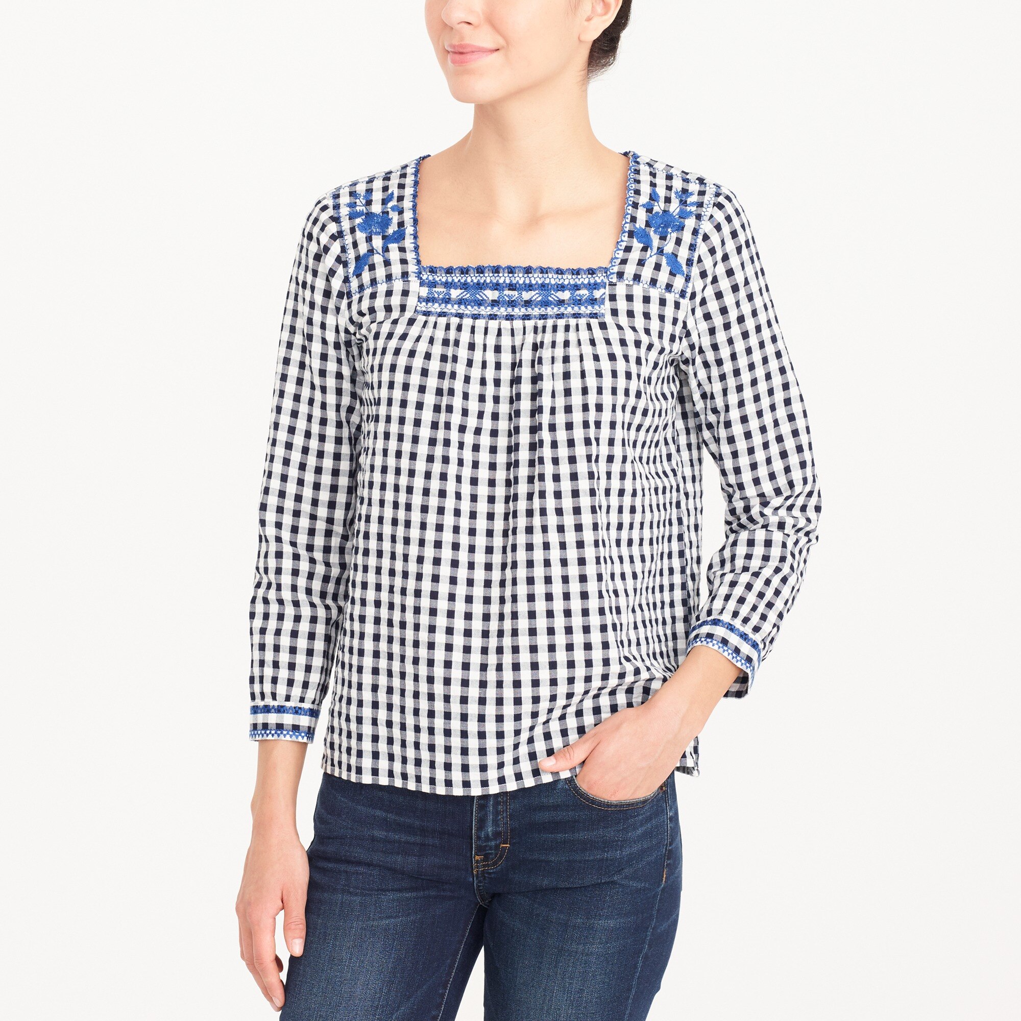 embroidered peasant top in gingham : factorywomen blouses & tops
