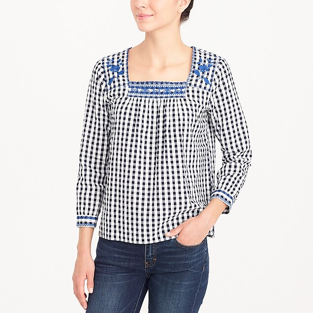 embroidered peasant top in gingham : factorywomen blouses & tops
