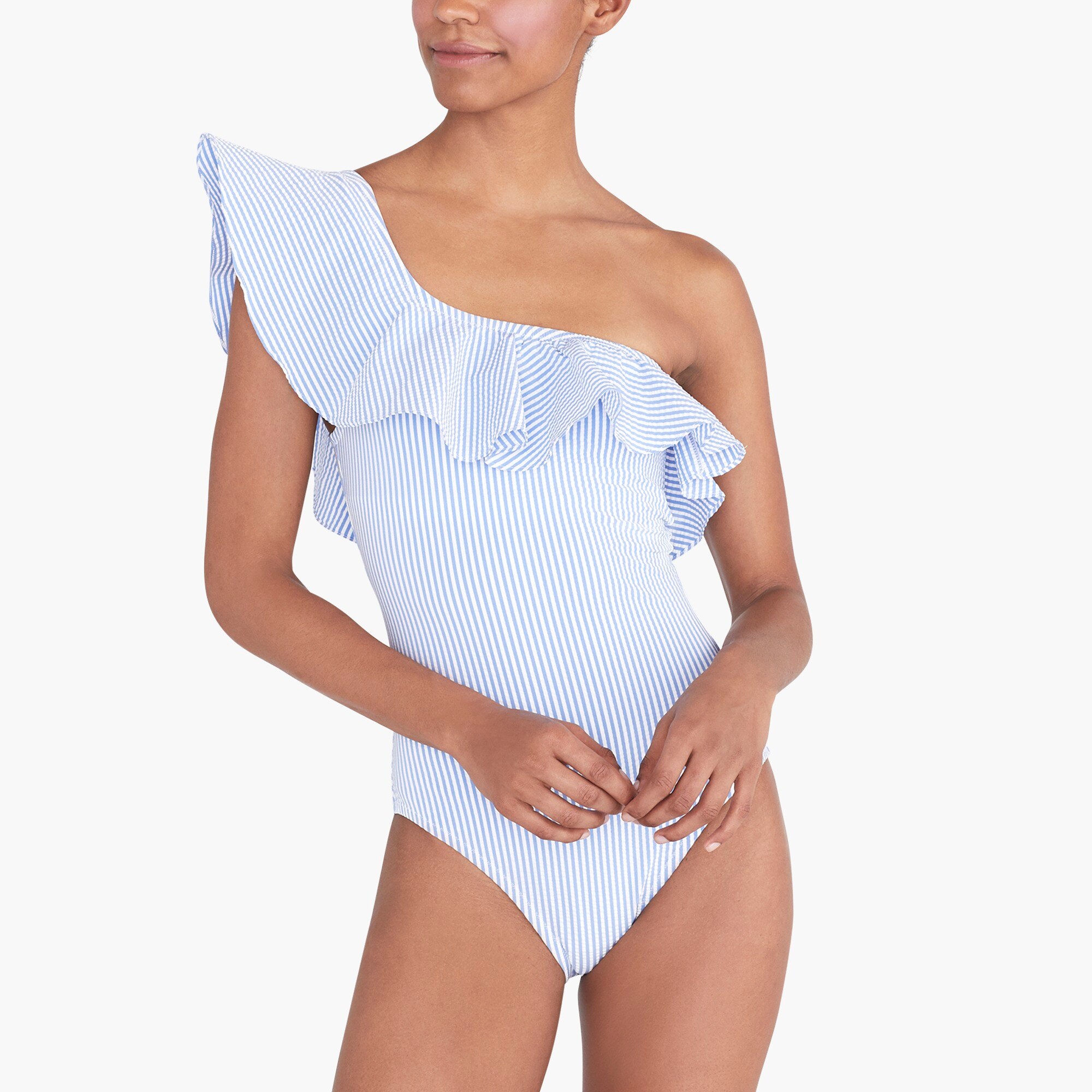 J Crew Factory Seersucker Ruffle One shoulder One piece Swimsuit